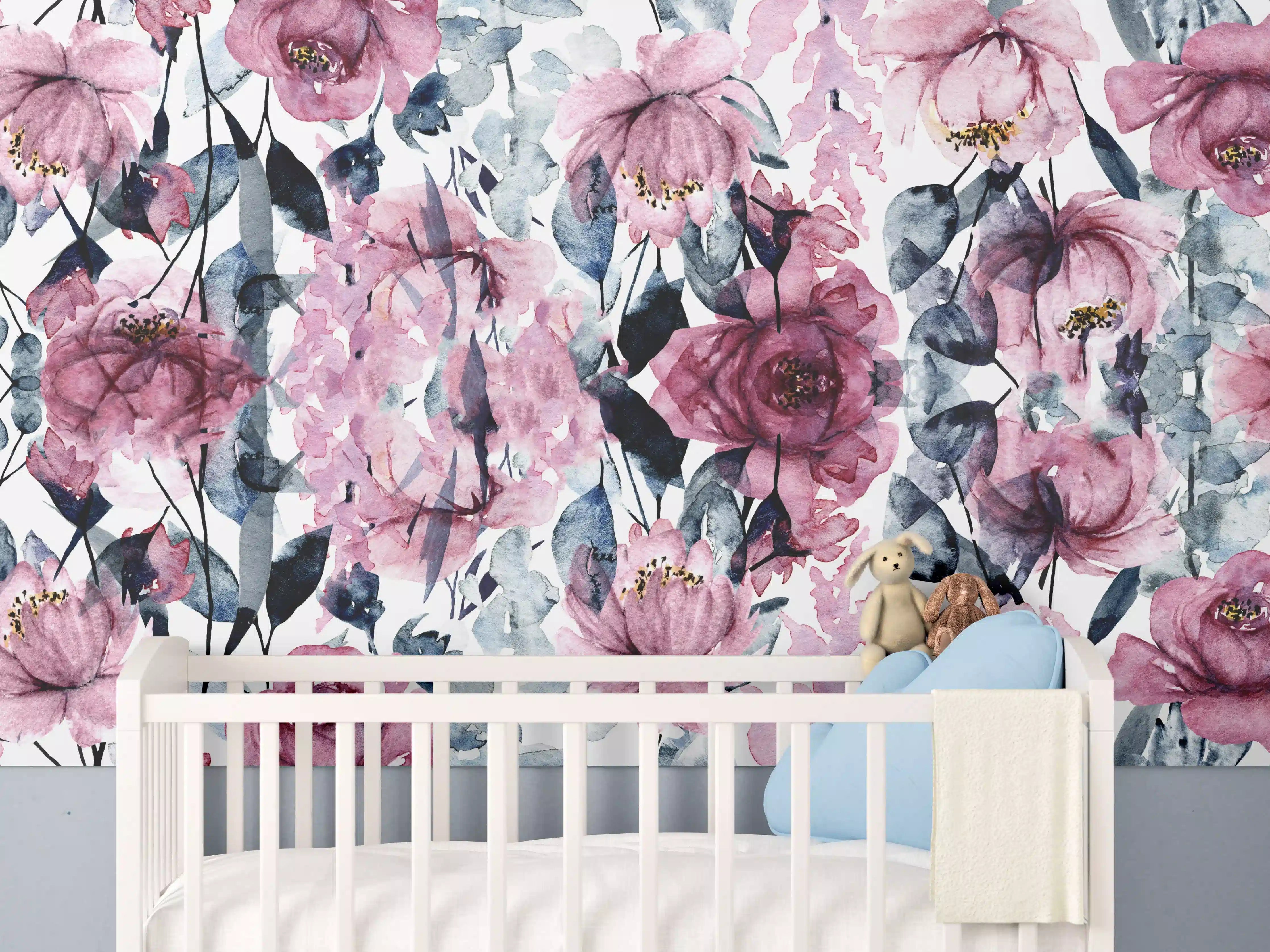 Babyzimmer Wandgestaltung - Blumige Wasserfarbe mit Rosa- und Blautönen
