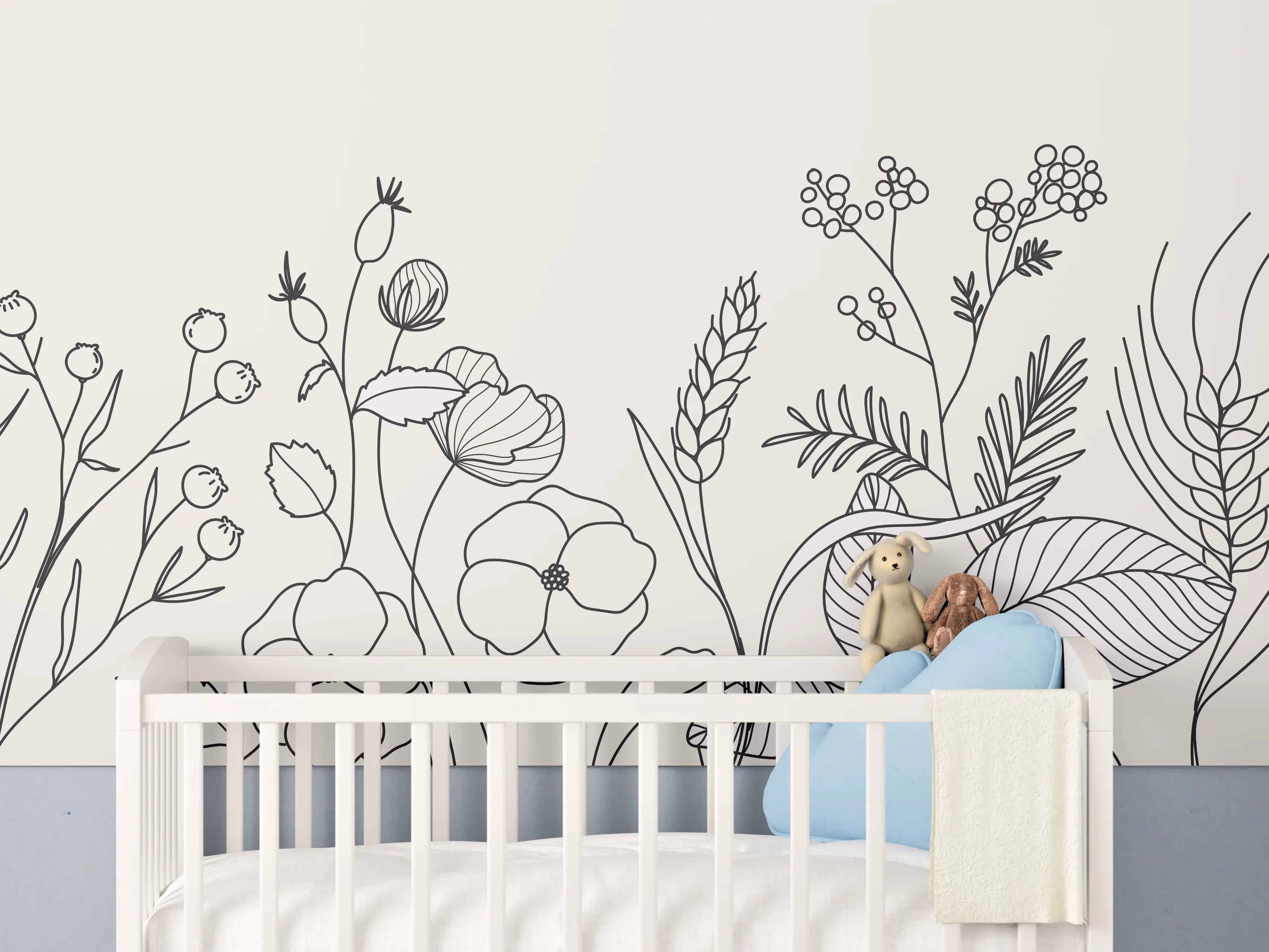 Babyzimmer Wandgestaltung - Botanische Linienzeichnung