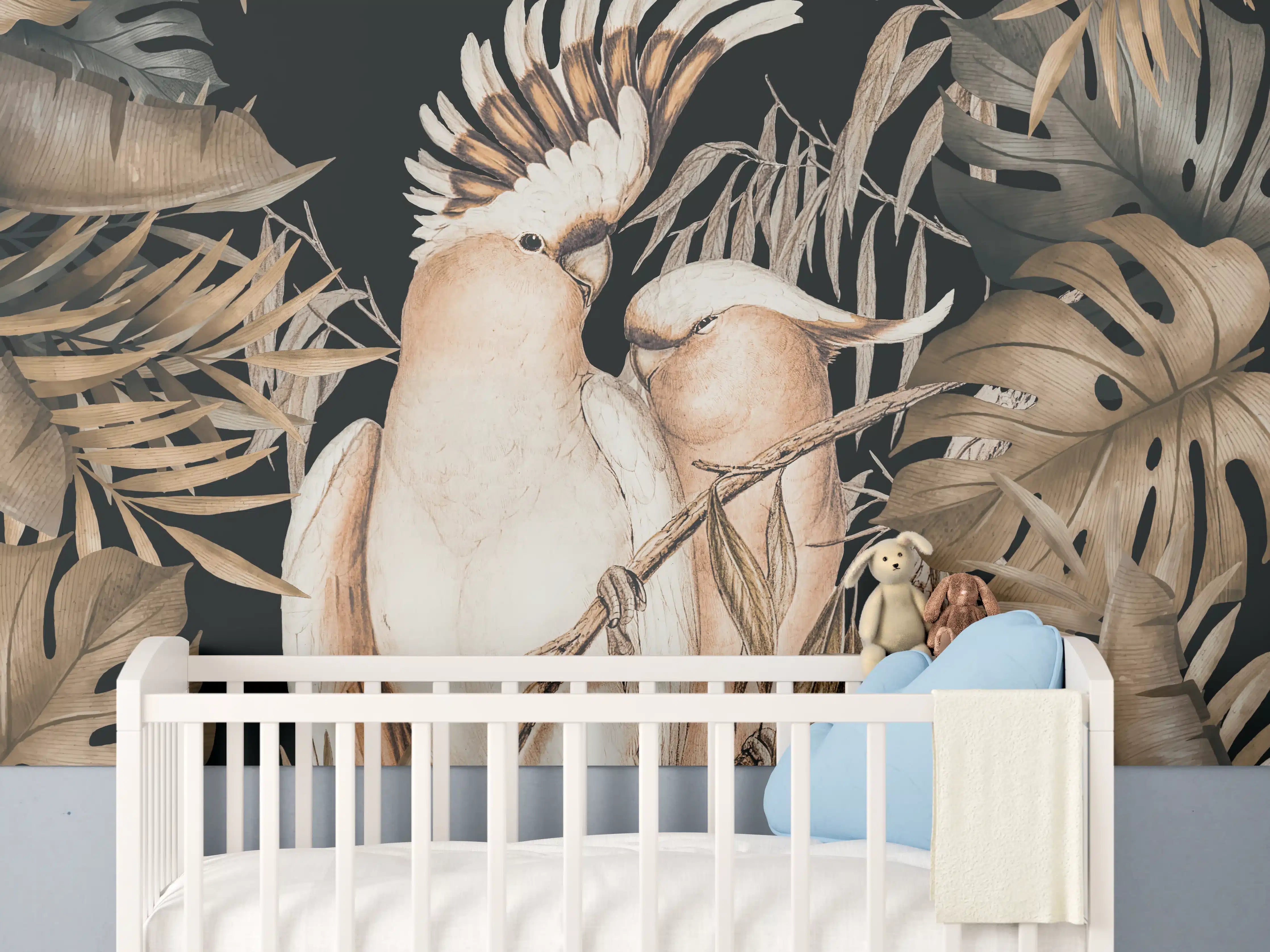 Babyzimmer Wandgestaltung - Bräunliche Kakadus Malerei