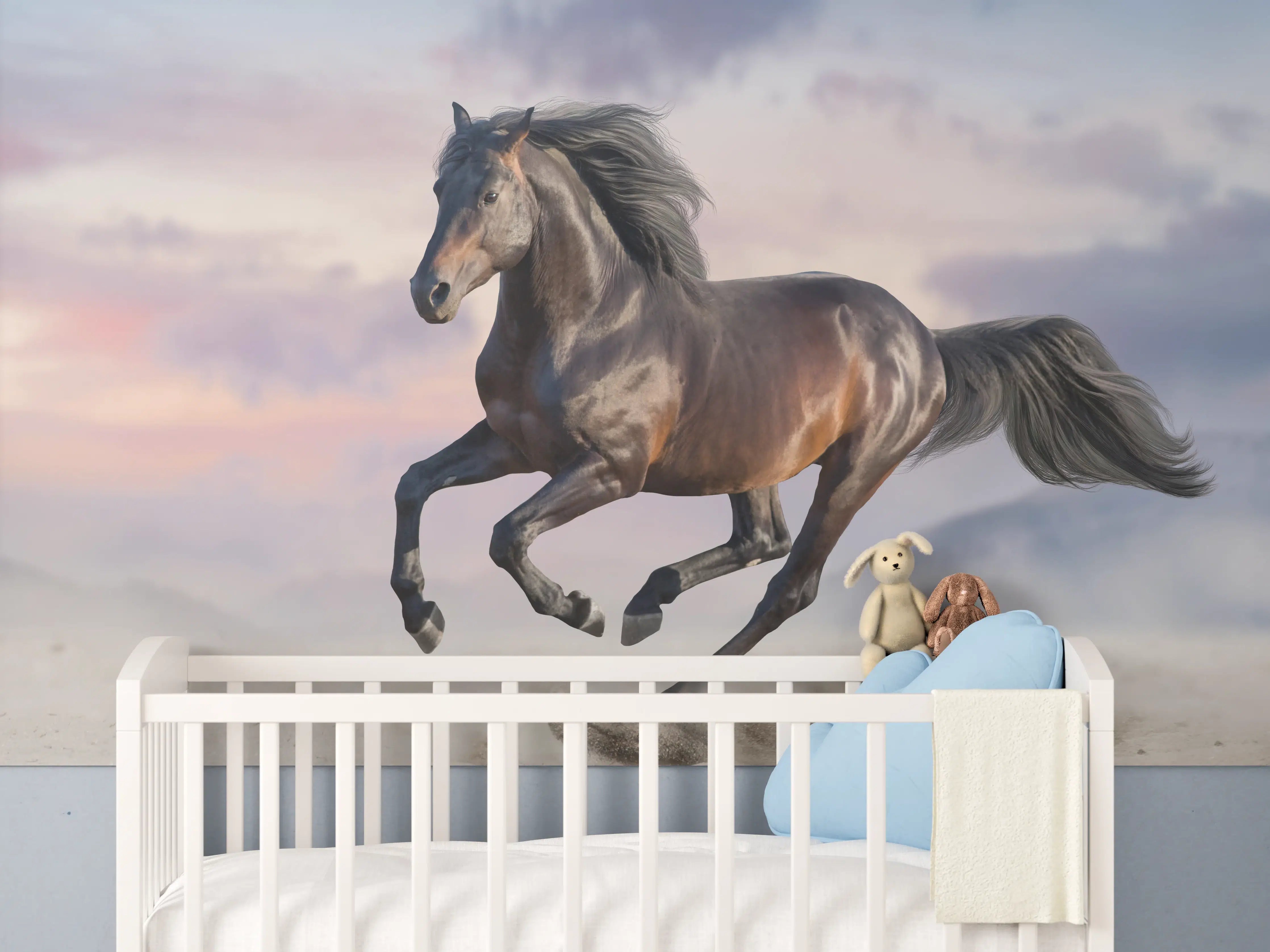 Babyzimmer Wandgestaltung - Braunes Pferd in Wüstensand