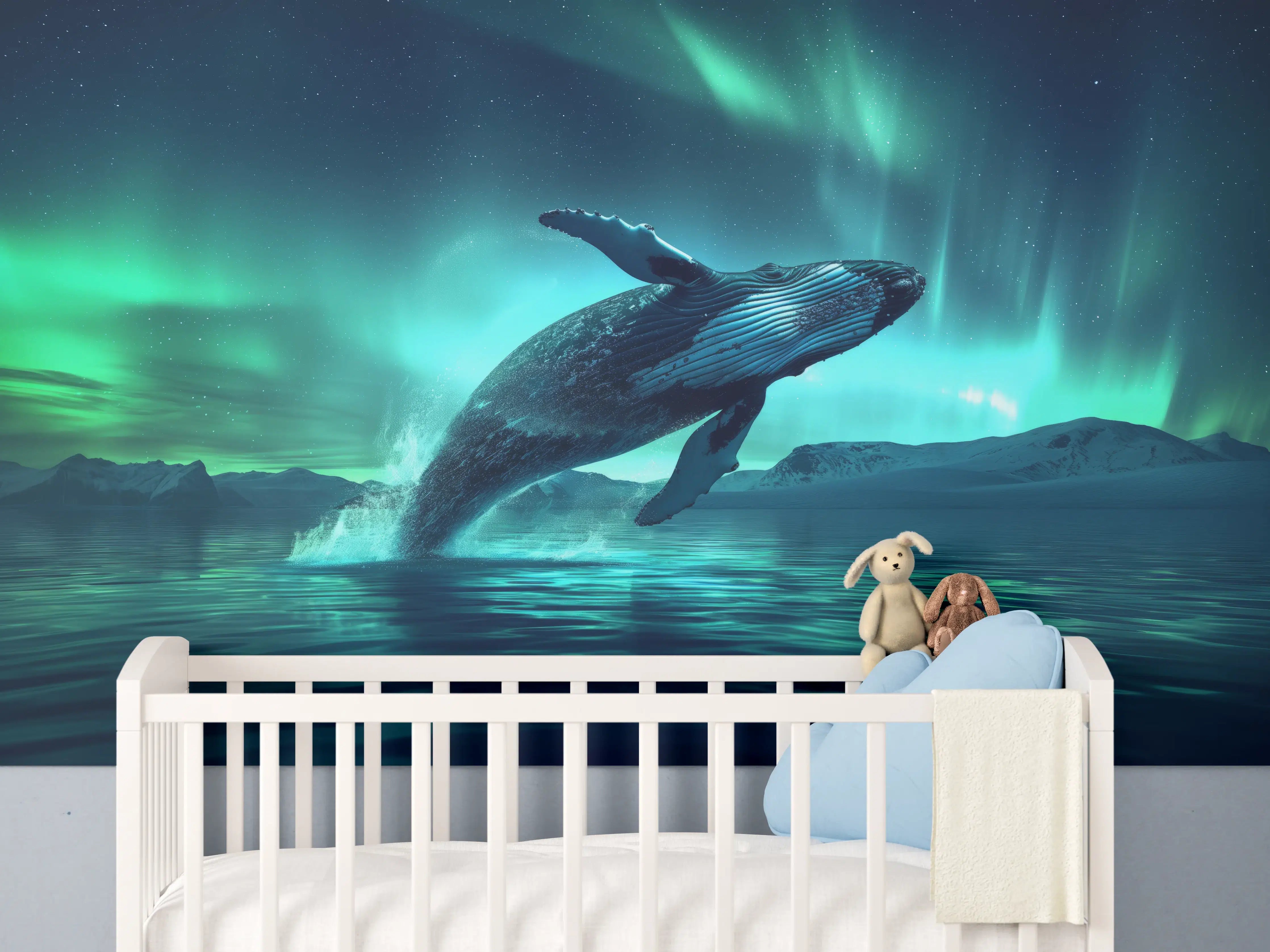 Babyzimmer Wandgestaltung - Buckelwal unter Nordlicht Türkis