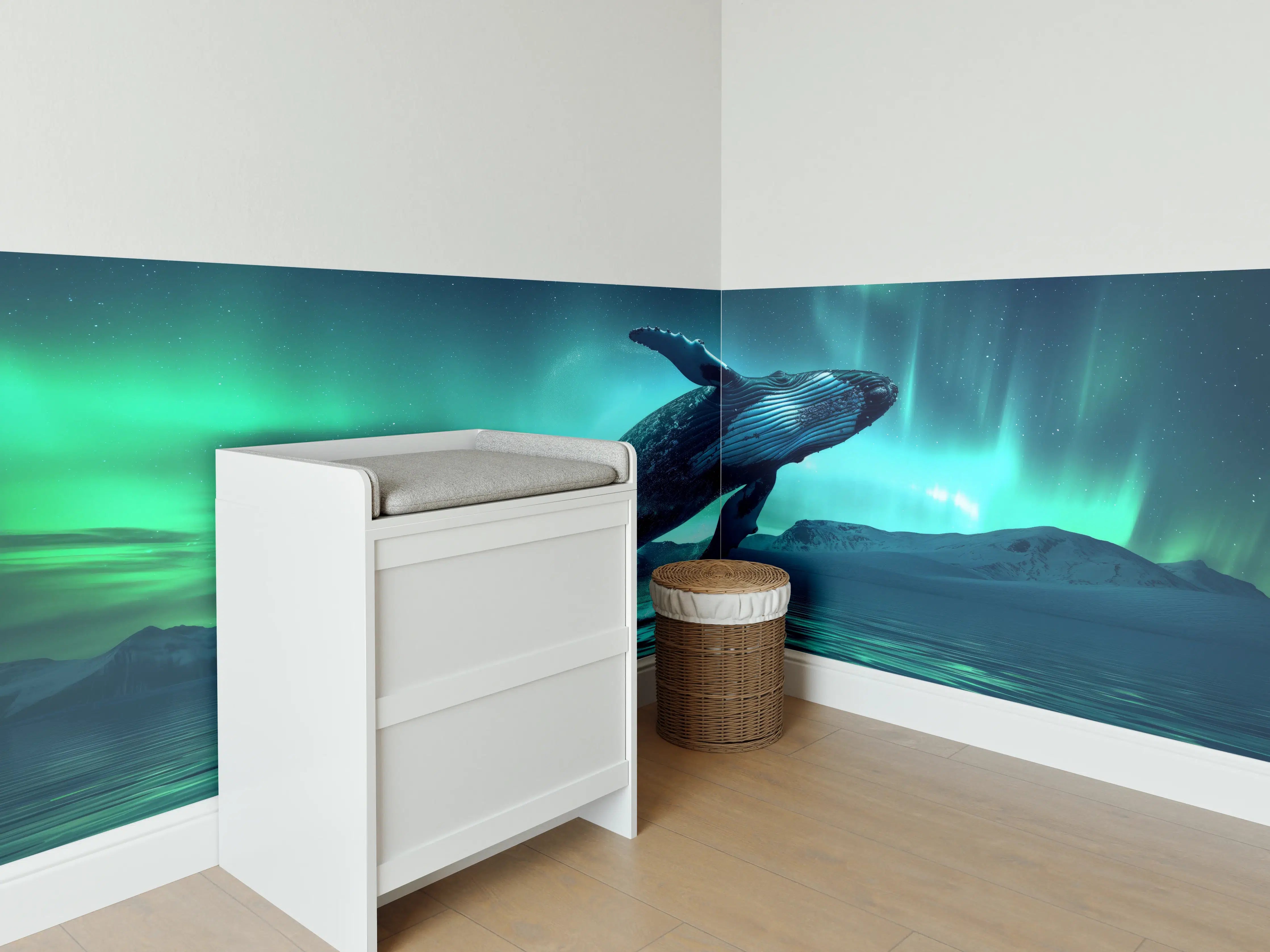 Babyzimmer Wandgestaltung - Buckelwal unter Nordlicht Türkis
