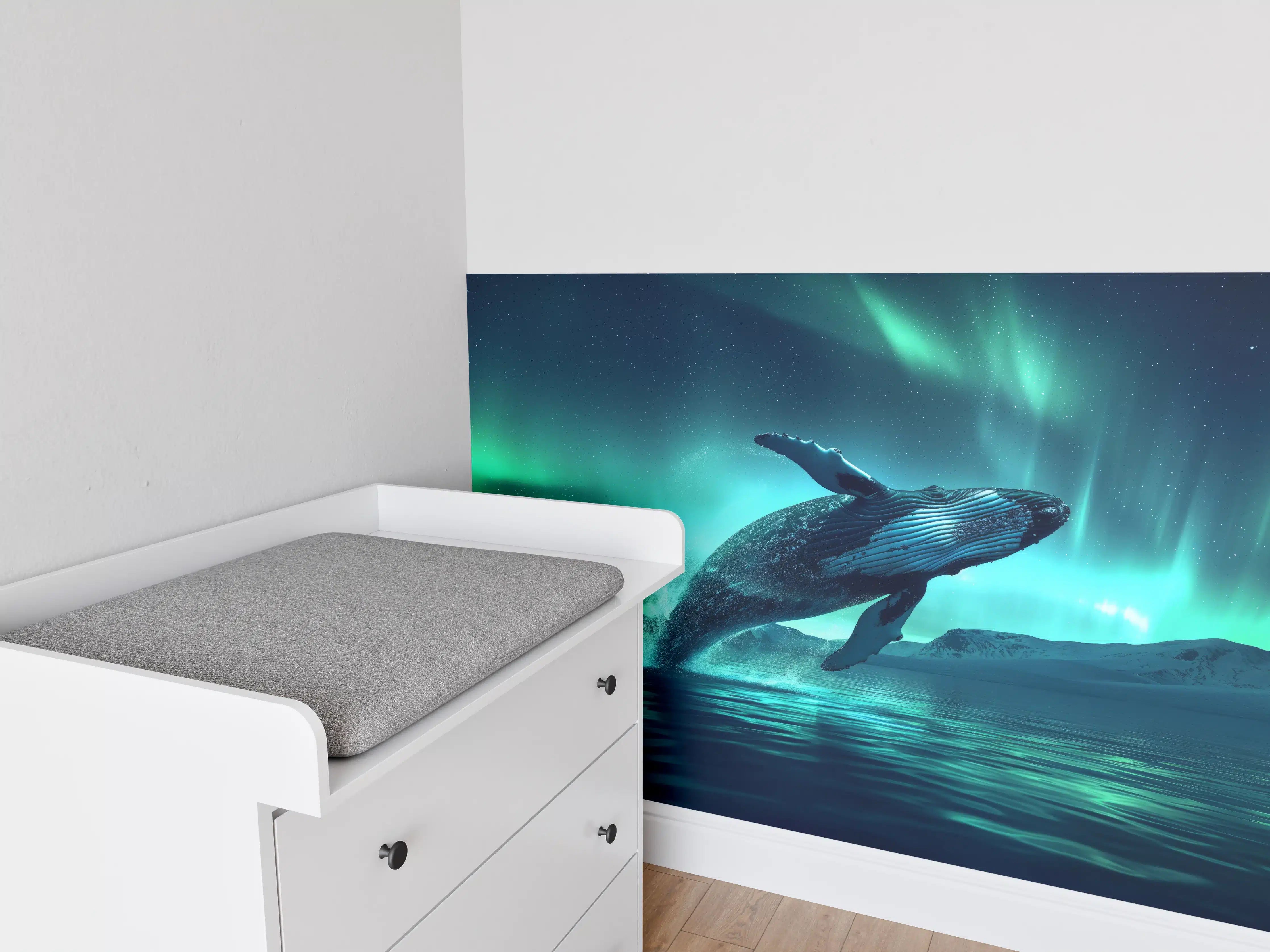 Babyzimmer Wandgestaltung - Buckelwal unter Nordlicht Türkis