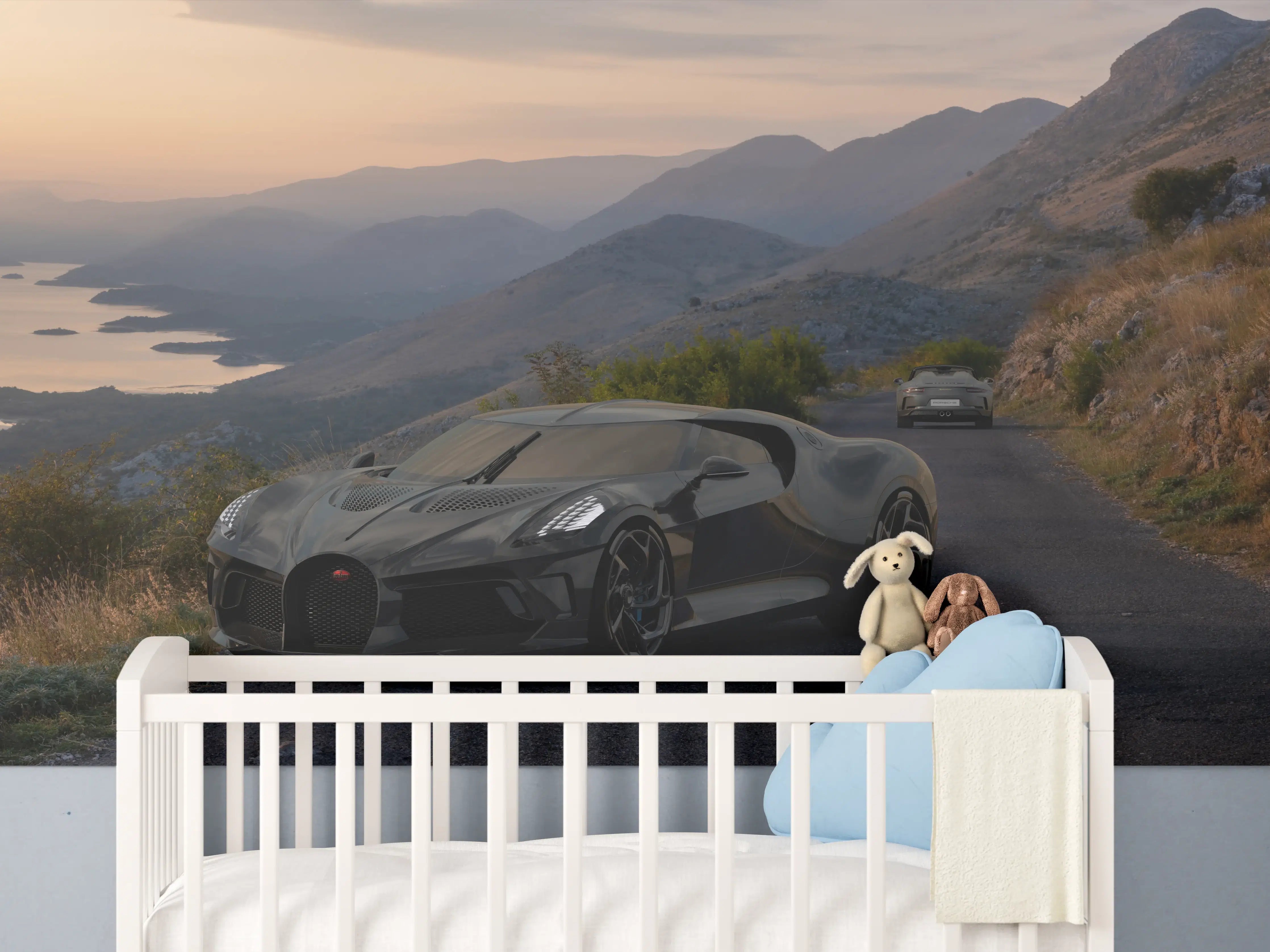 Babyzimmer Wandgestaltung - Bugatti La Voiture Noire auf einer Straße am Meer