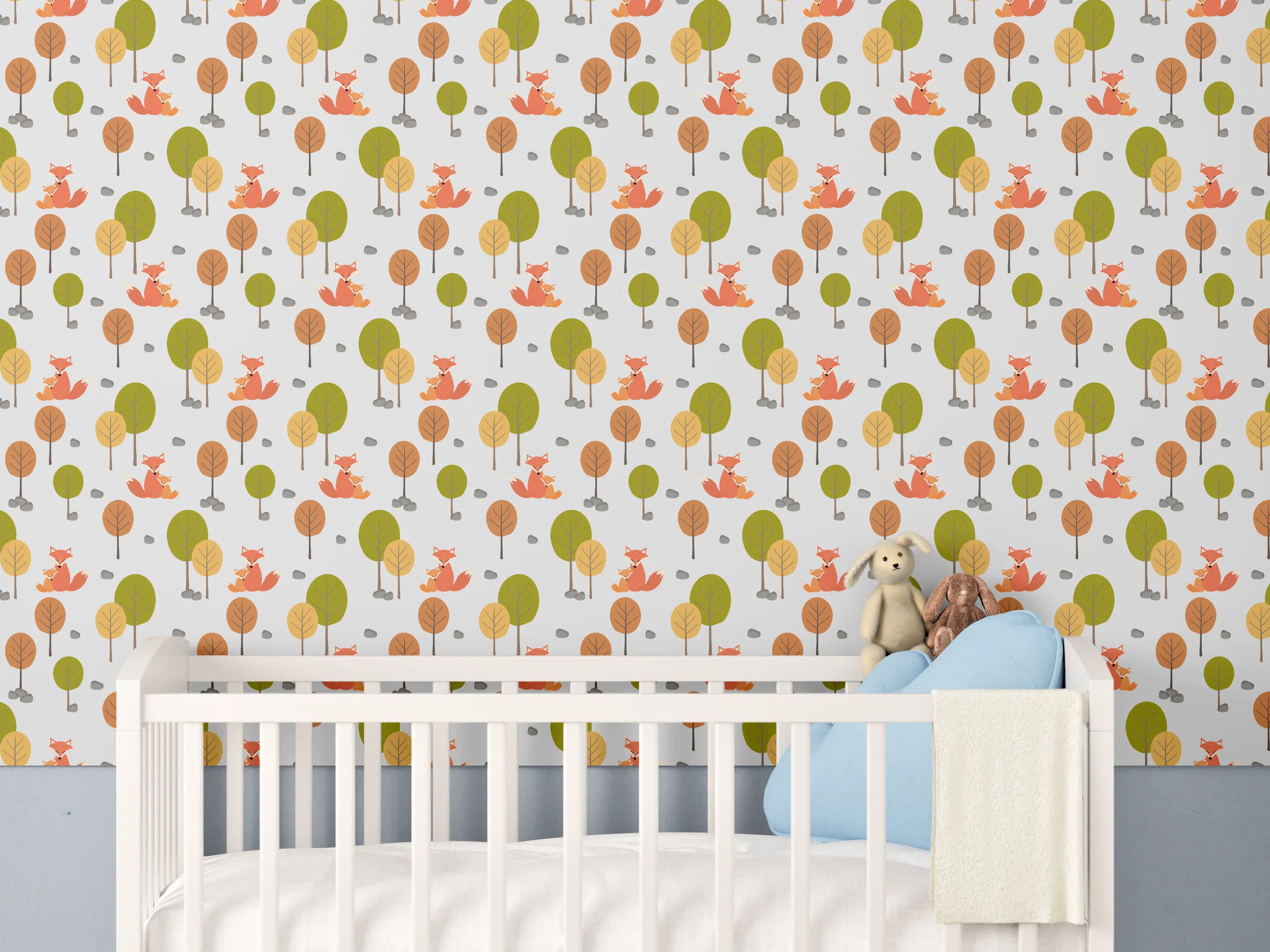 Babyzimmer Wandgestaltung - Bunte Baum-Muster mit freundlichen Farben
