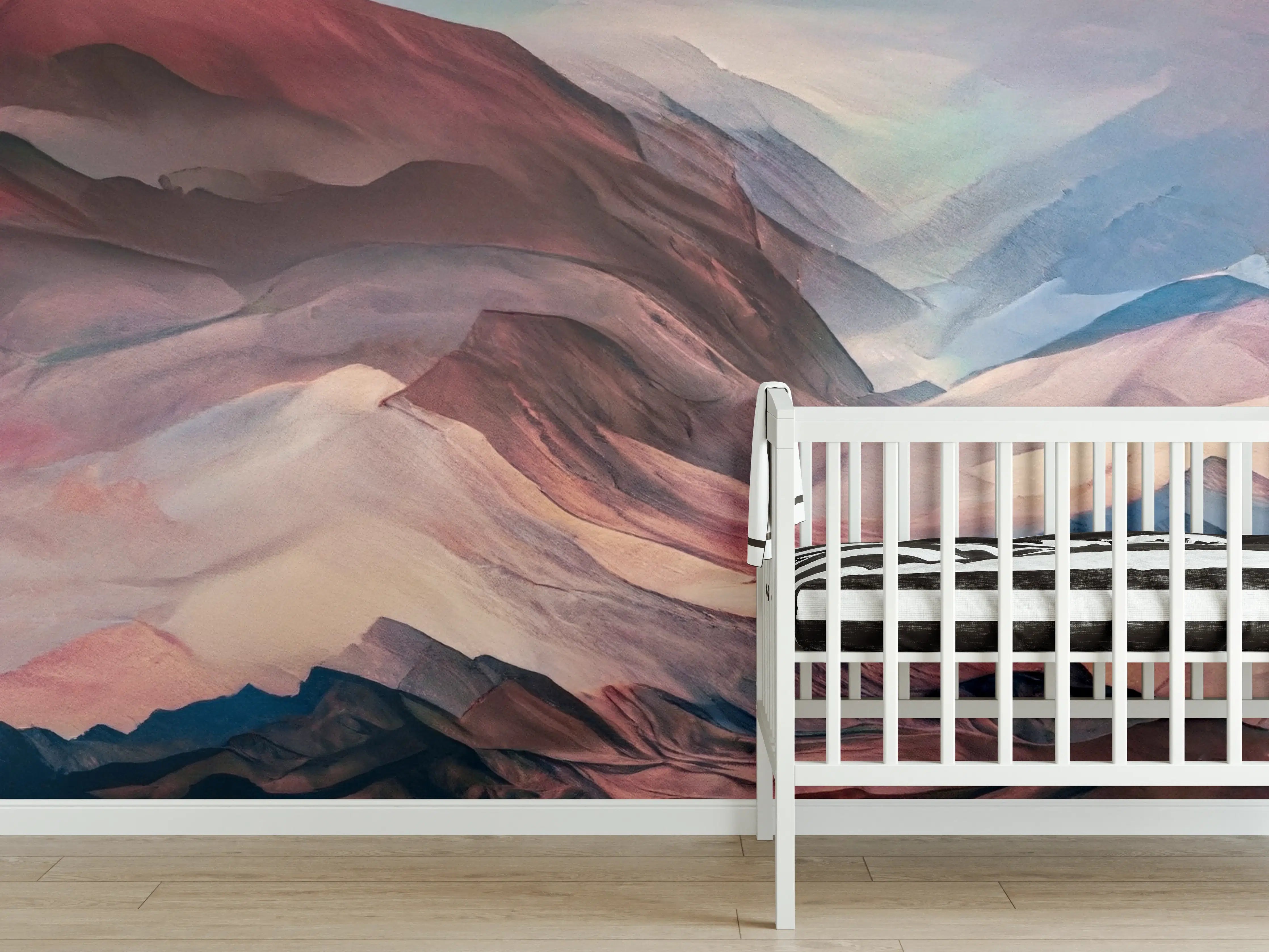 Babyzimmer Wandgestaltung - Bunte Berglandschaft in Aquarelltechnik