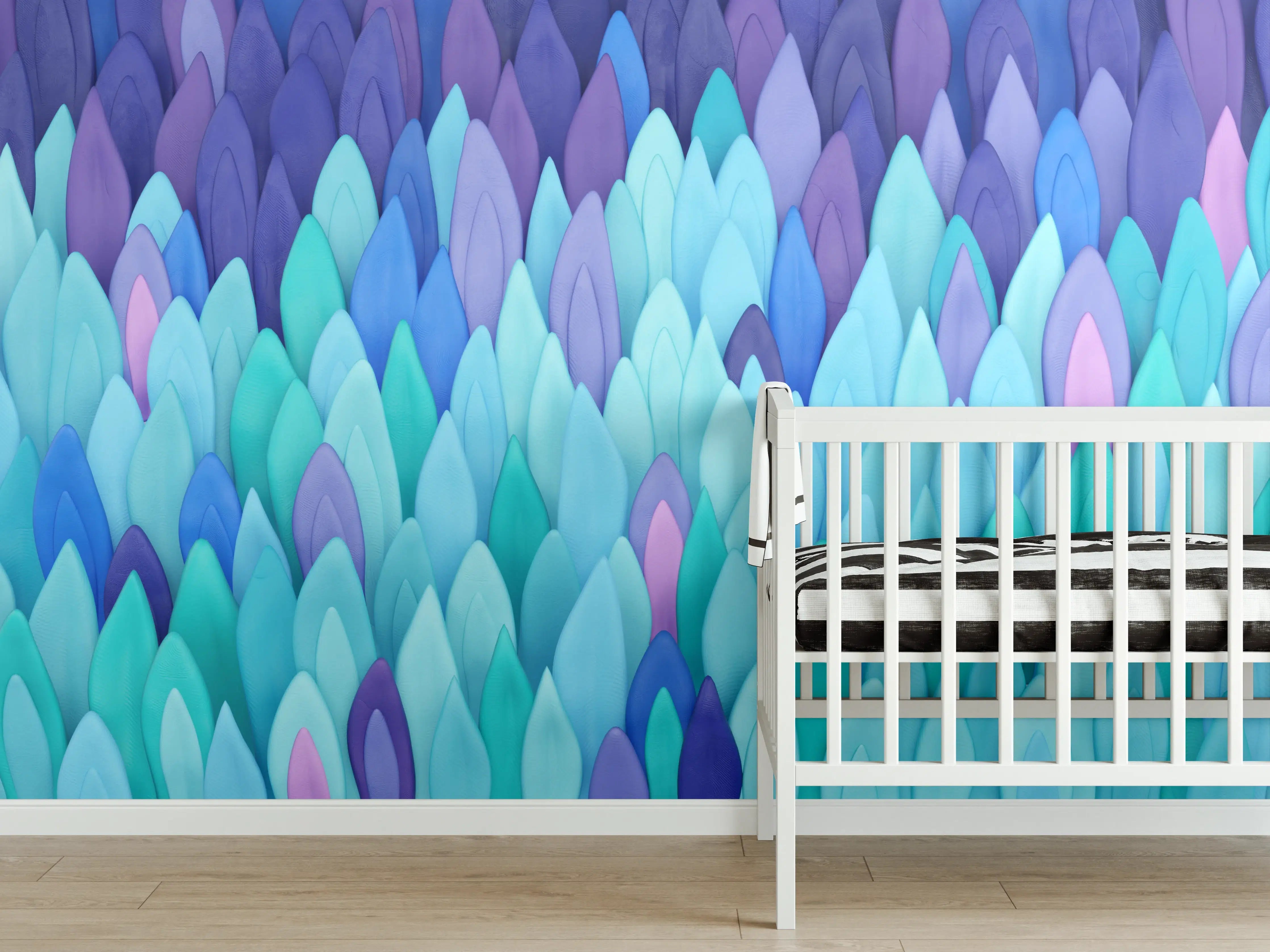 Babyzimmer Wandgestaltung - Bunte Blätter in Blau- und Lilatönen
