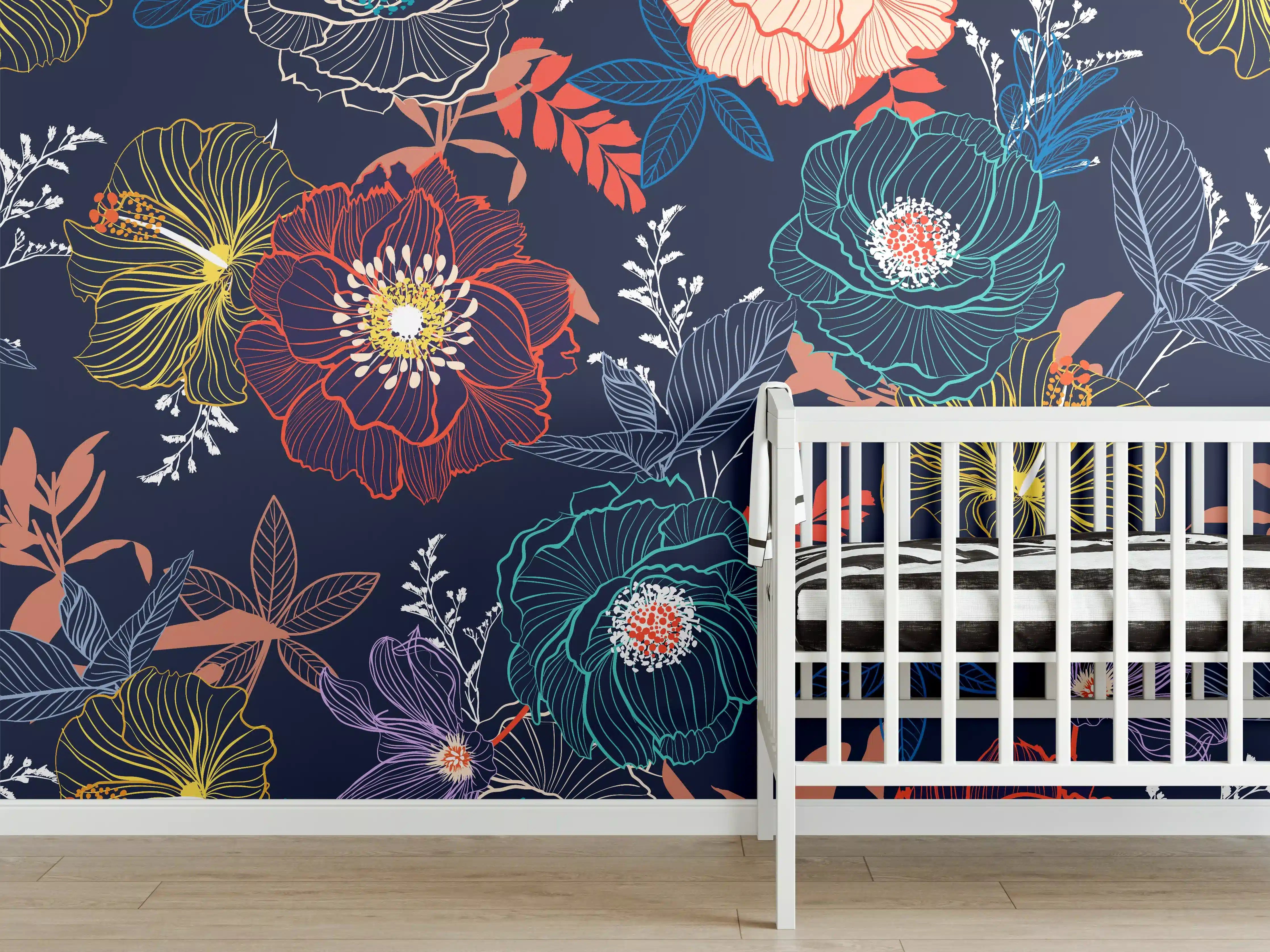 Babyzimmer Wandgestaltung - Bunte Blumen Nachtgarten Muster