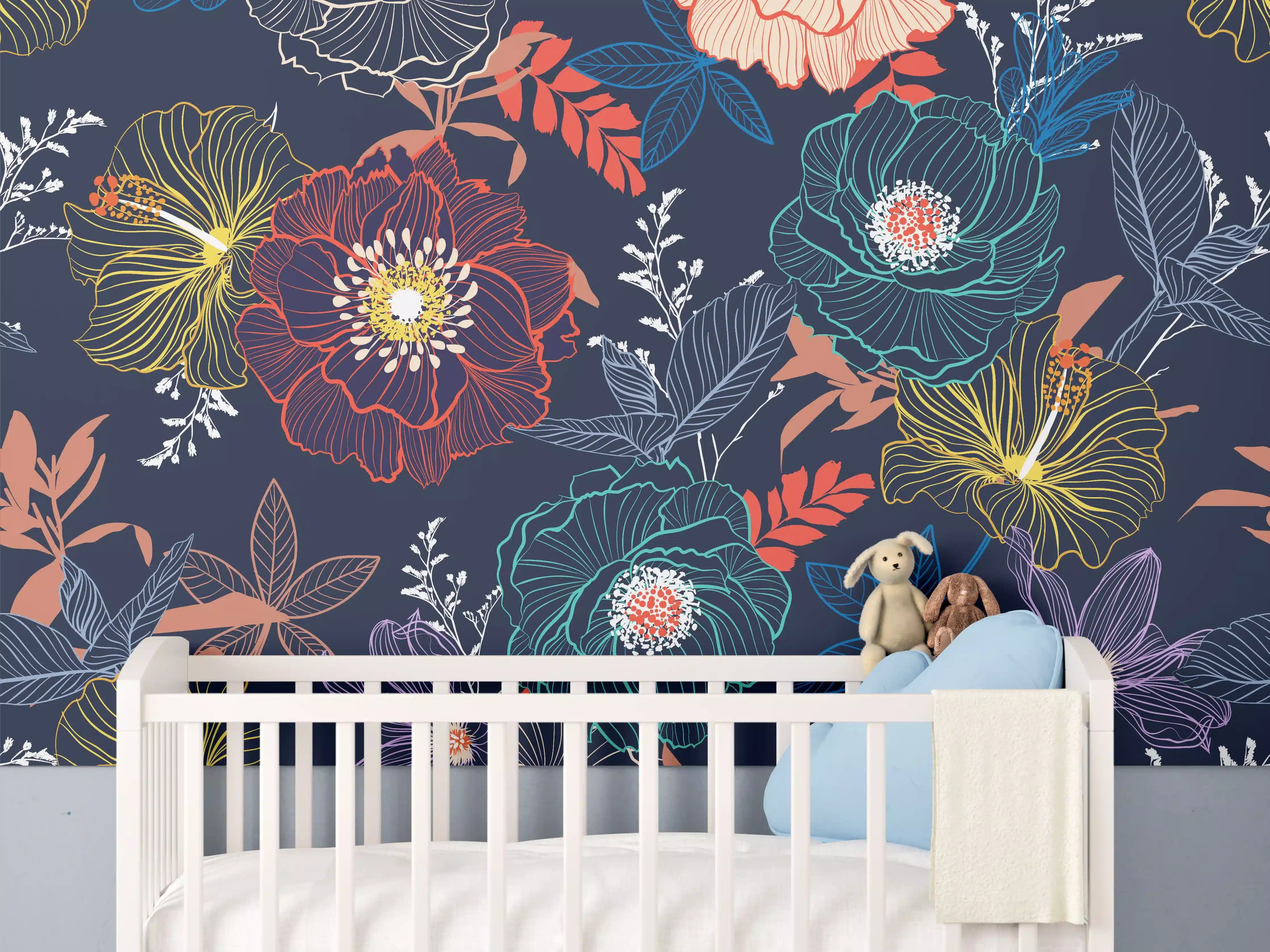Babyzimmer Wandgestaltung - Bunte Blumen Nachtgarten Muster
