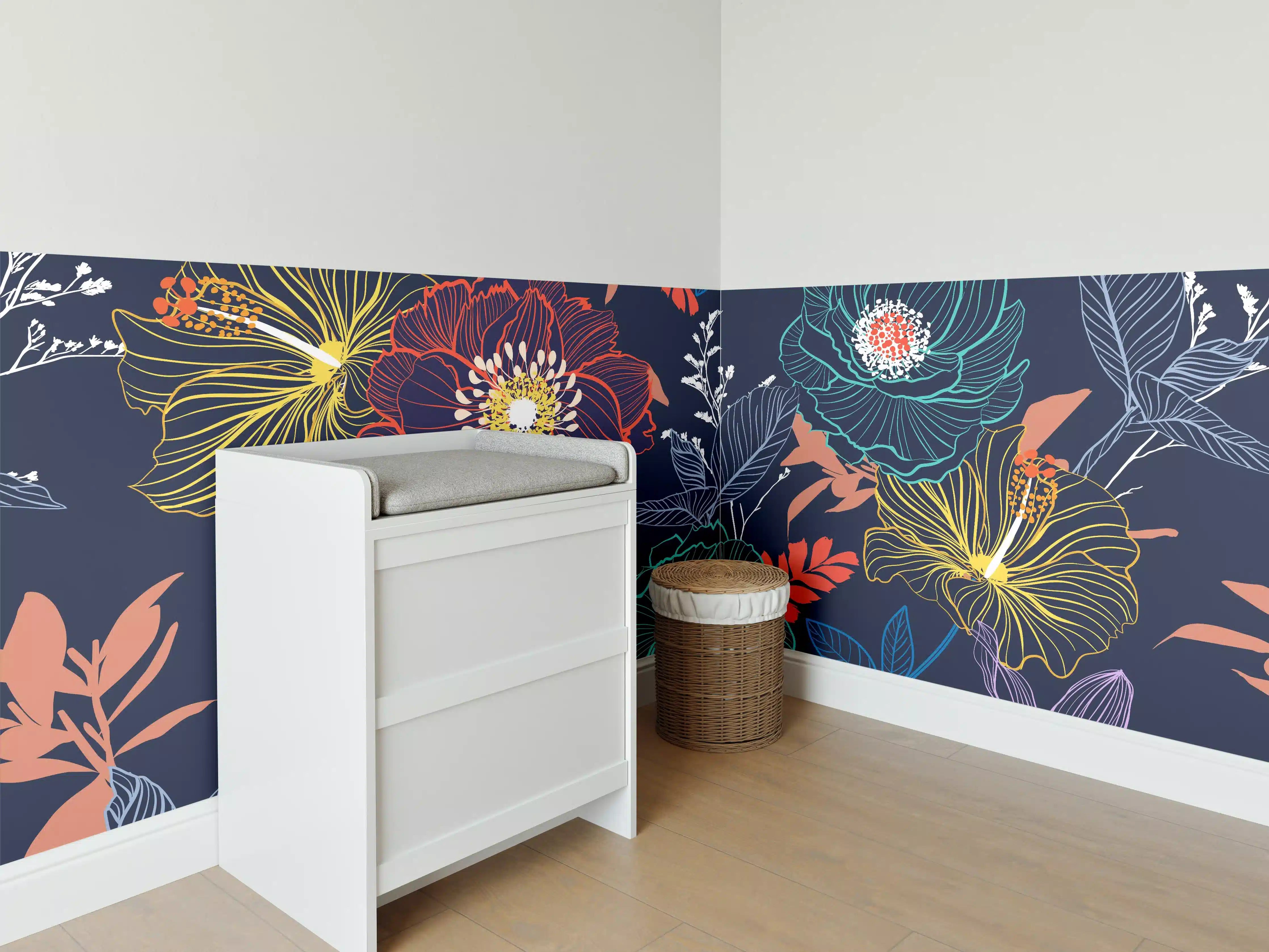 Babyzimmer Wandgestaltung - Bunte Blumen Nachtgarten Muster