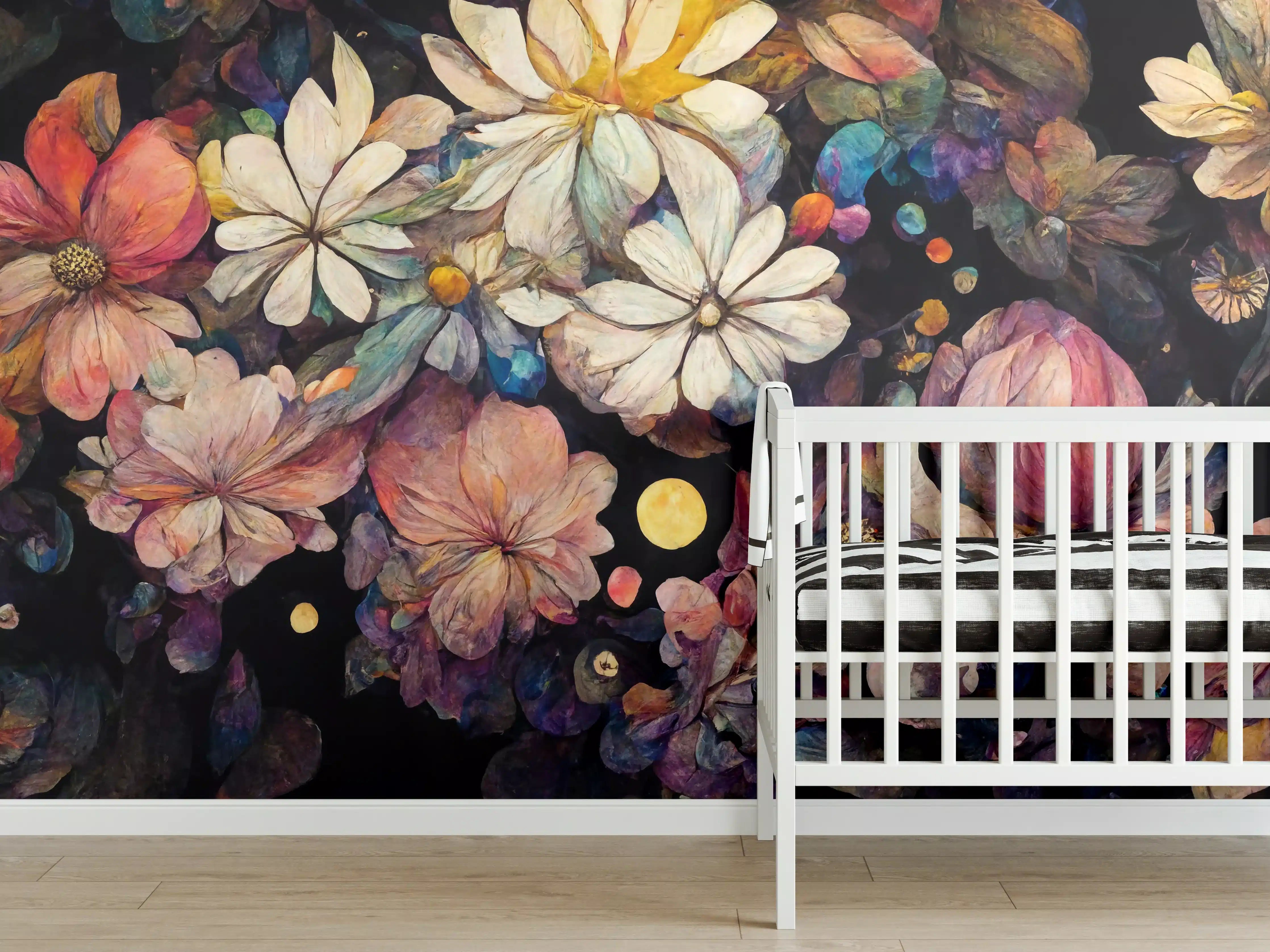 Babyzimmer Wandgestaltung - Bunte Blumen im nächtlichen Himmel