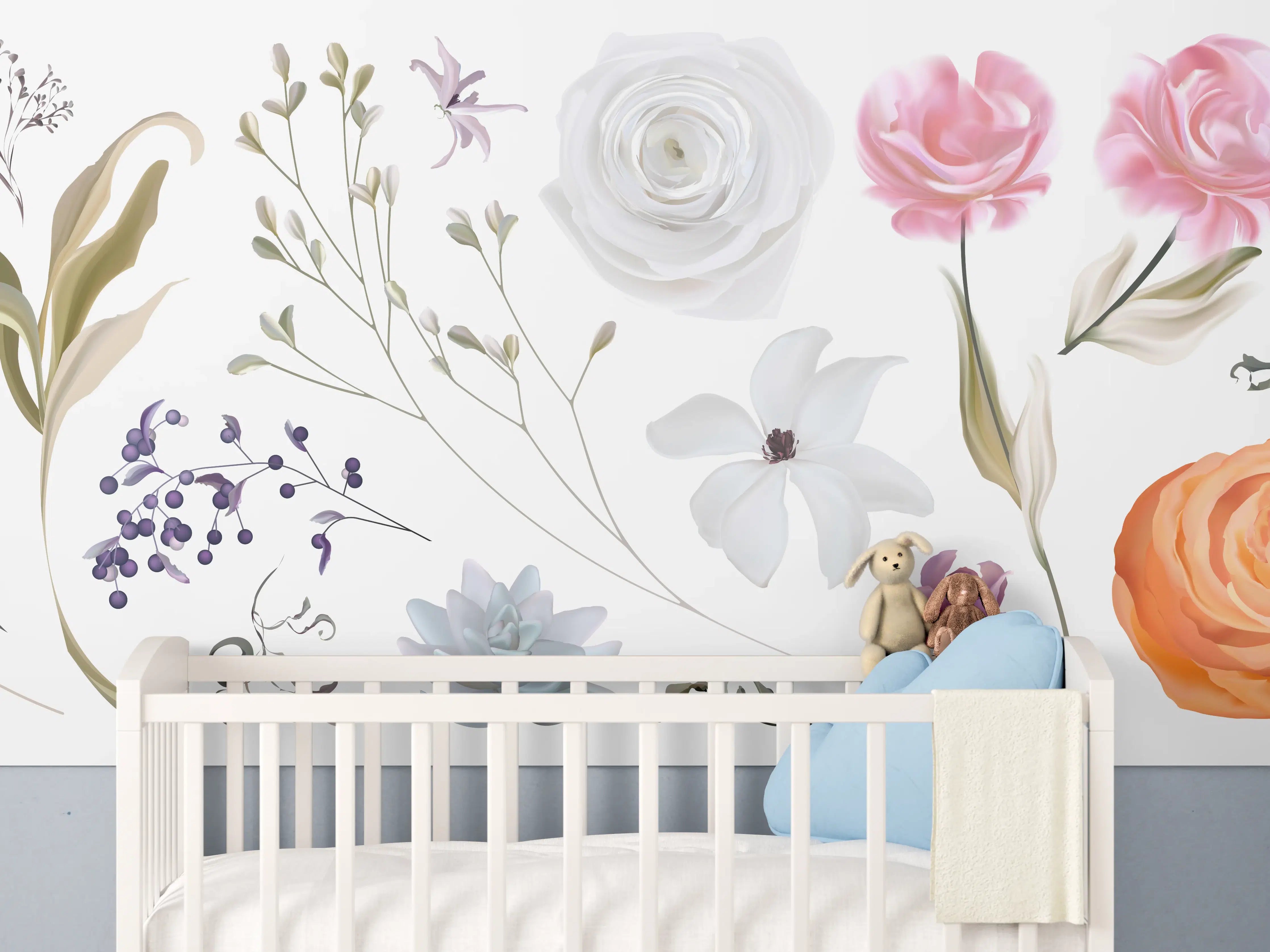 Babyzimmer Wandgestaltung - Bunte Blumenillustrationen Set