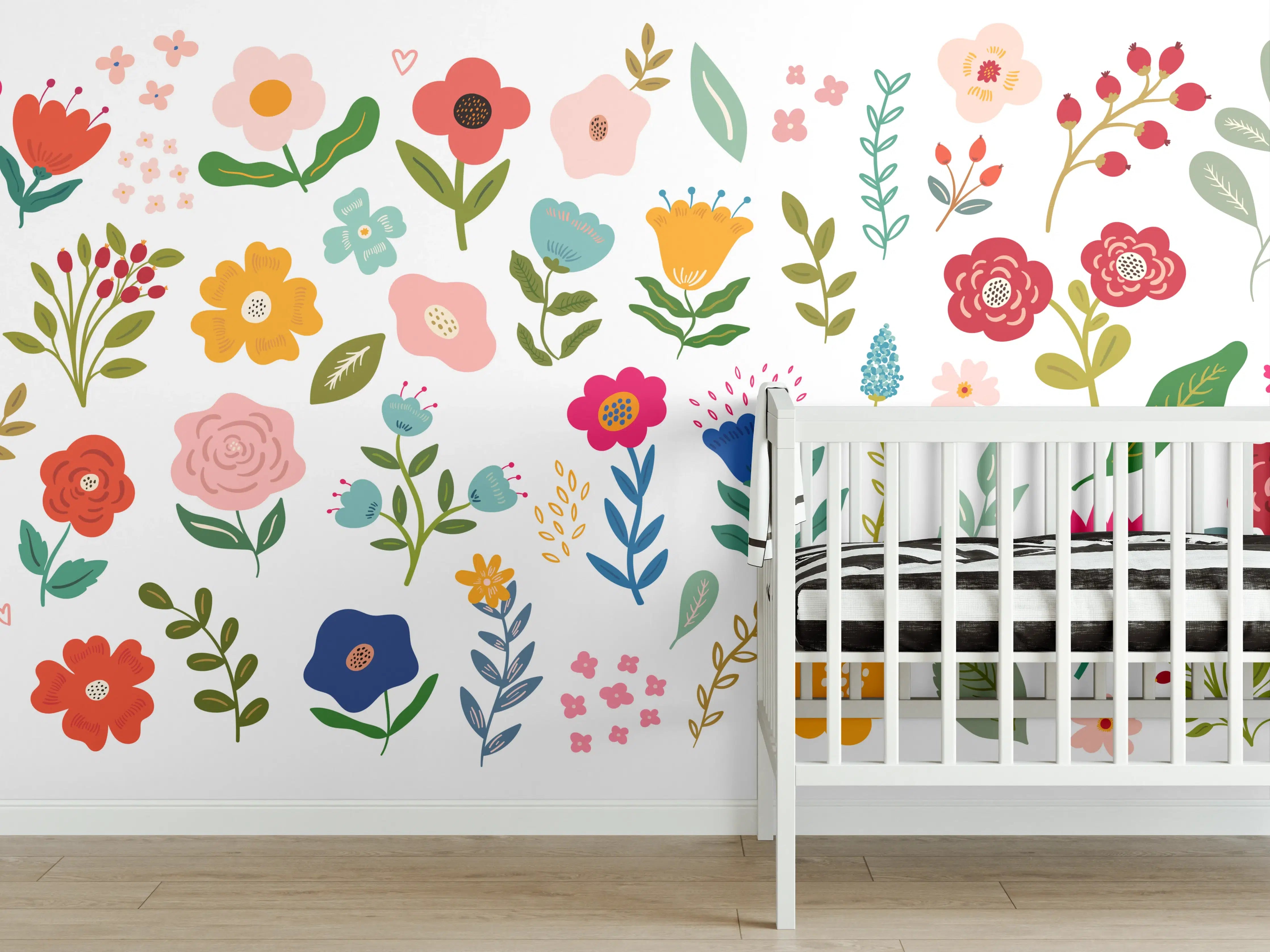 Babyzimmer Wandgestaltung - Bunte Blumenmuster in zarten Pastellfarben
