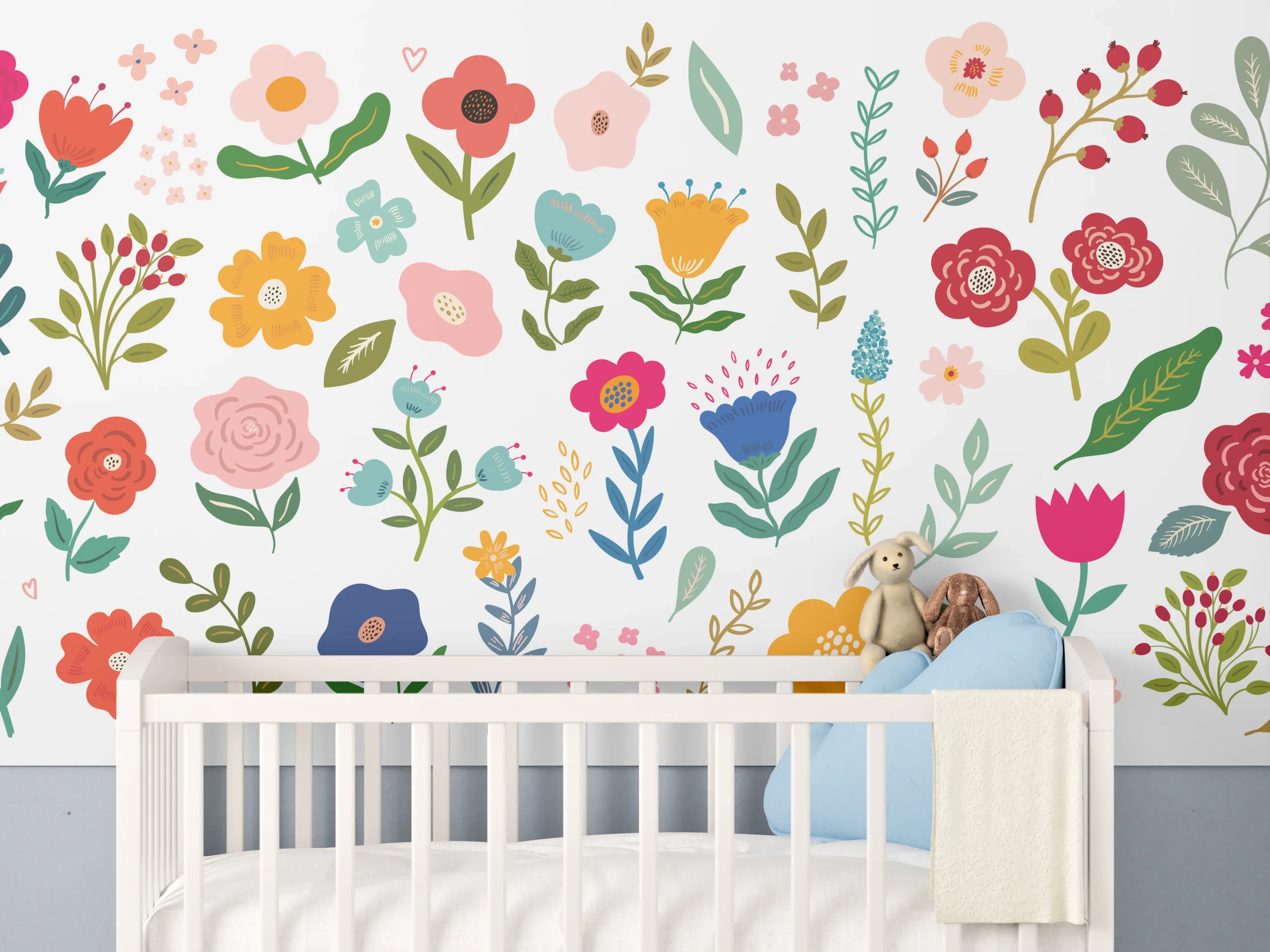 Babyzimmer Wandgestaltung - Bunte Blumenmuster in zarten Pastellfarben