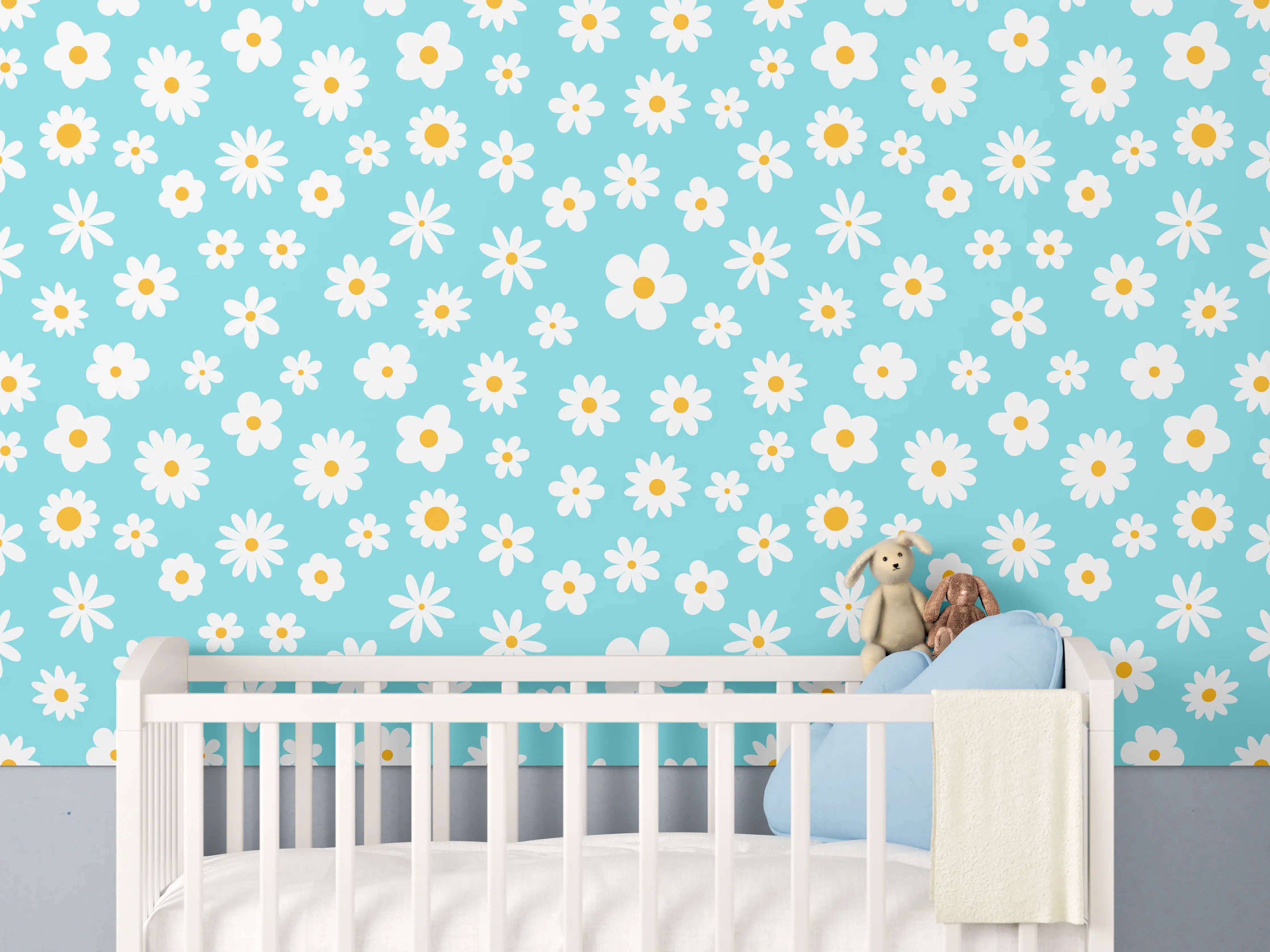 Babyzimmer Wandgestaltung - Bunte Blumenwiese auf Türkisem Hintergrund