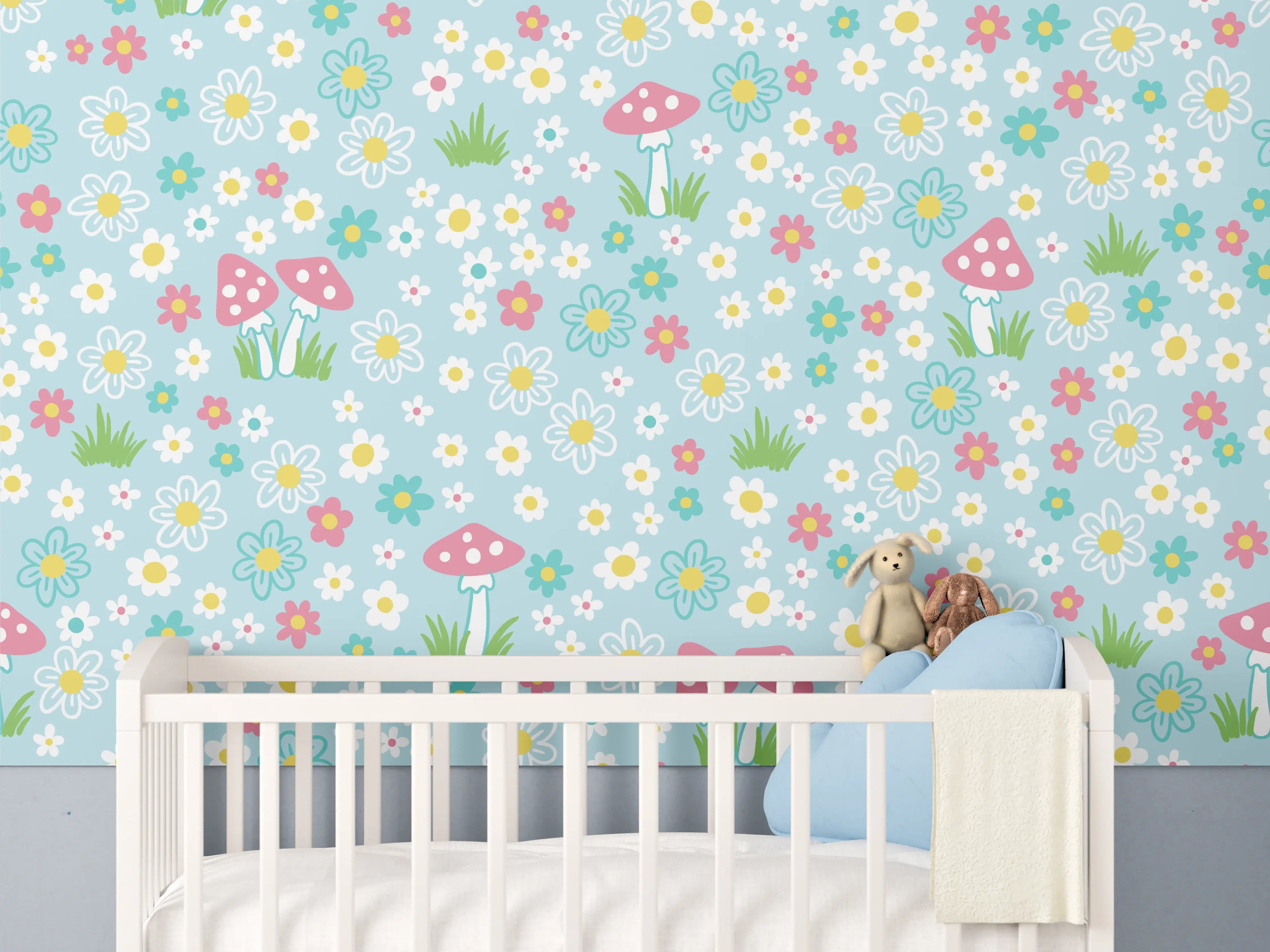 Babyzimmer Wandgestaltung - Bunte Blumenwiese mit Pilzen