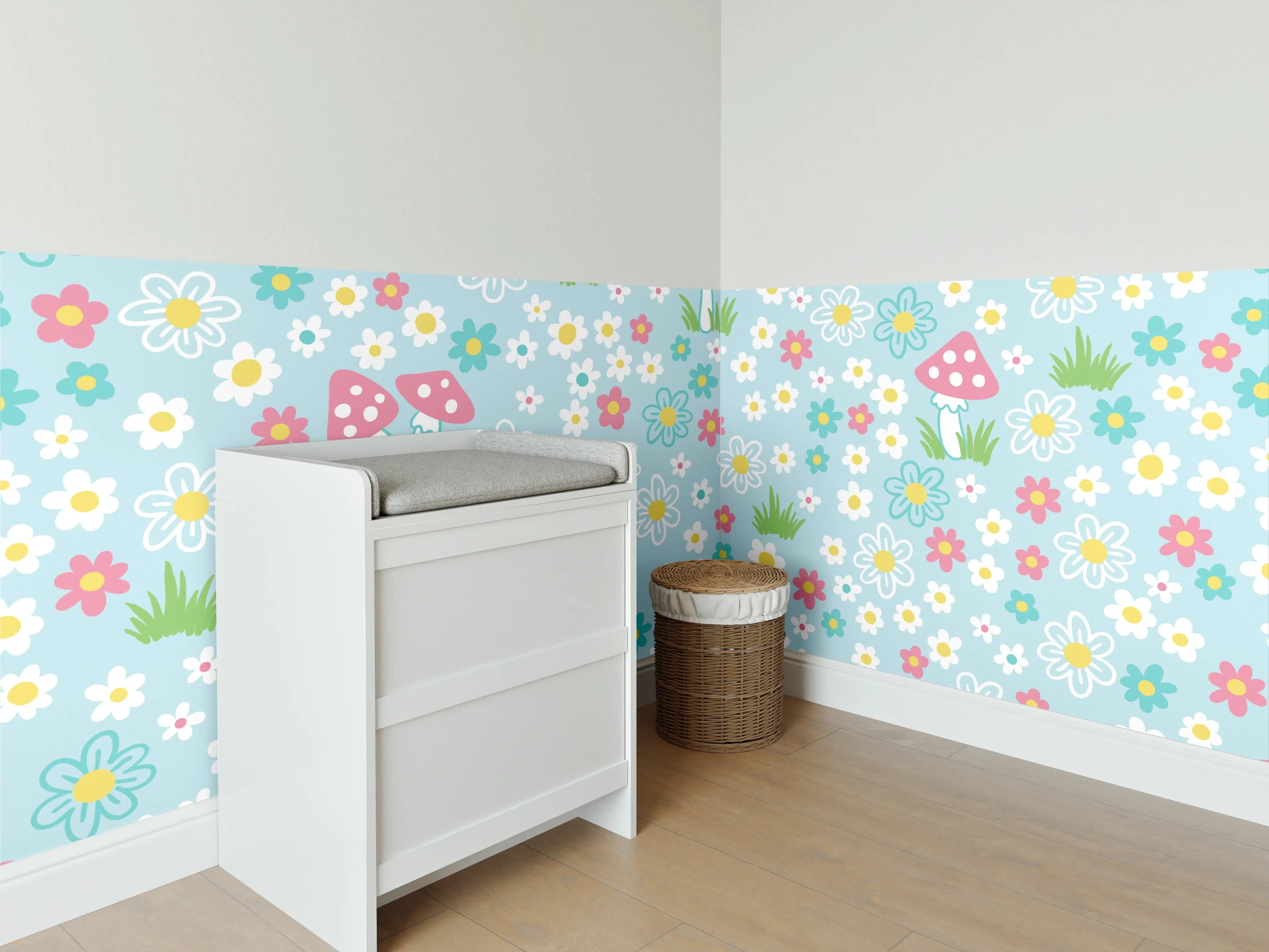 Babyzimmer Wandgestaltung - Bunte Blumenwiese mit Pilzen