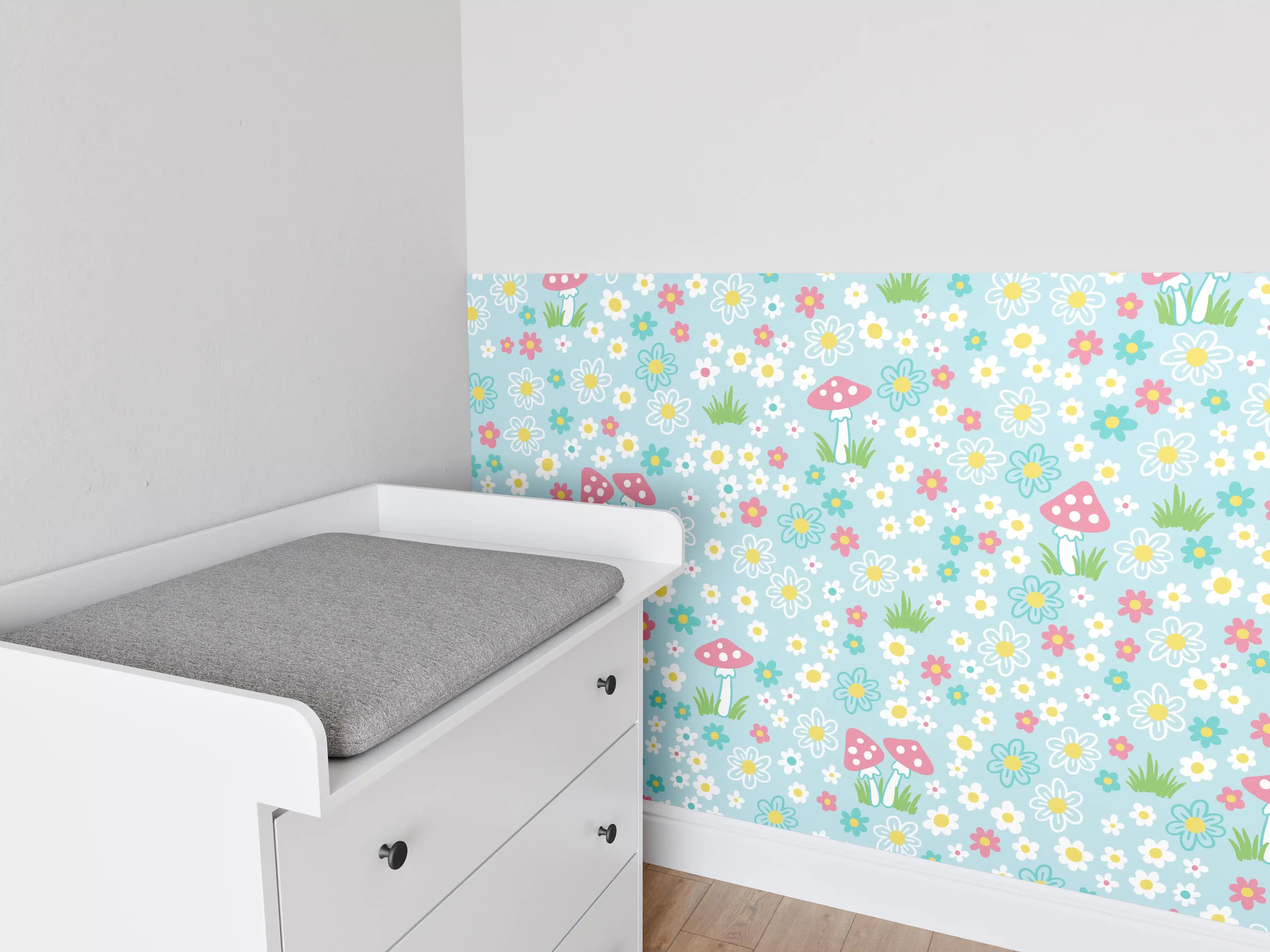 Babyzimmer Wandgestaltung - Bunte Blumenwiese mit Pilzen