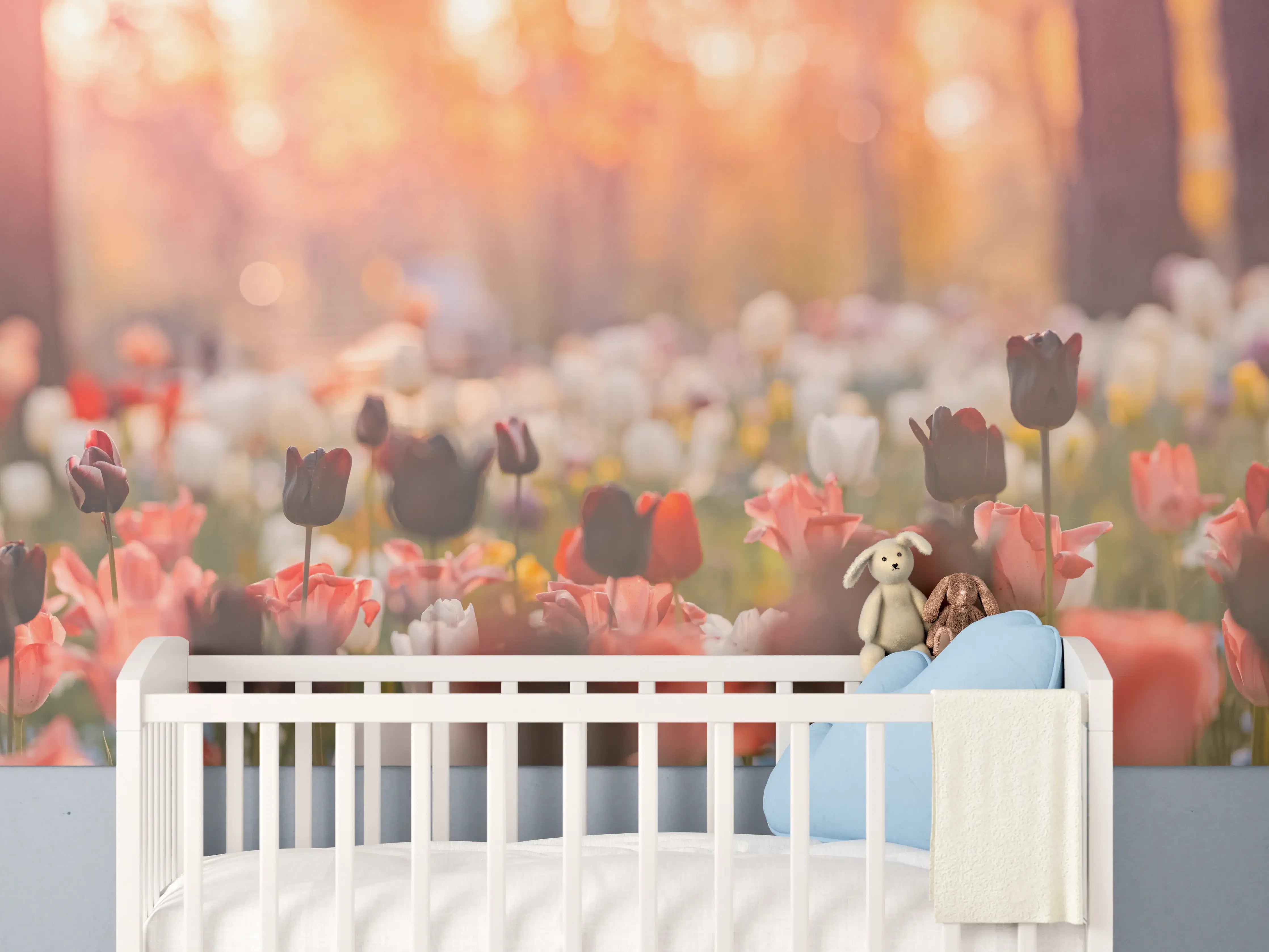 Babyzimmer Wandgestaltung - Bunte Blumenwiese mit Tulpen