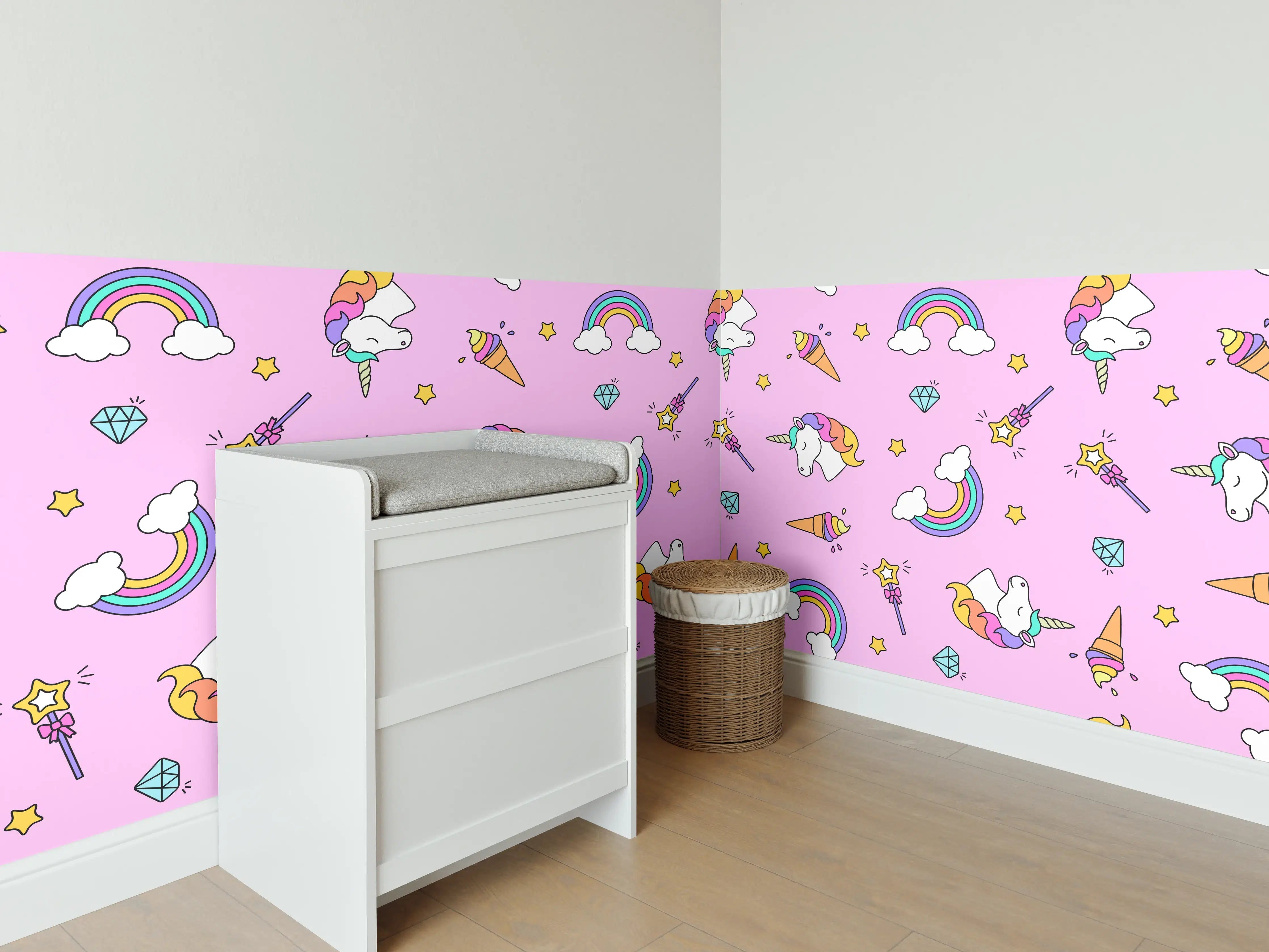 Babyzimmer Wandgestaltung - Bunte Einhorn-Wolken-Wonderland