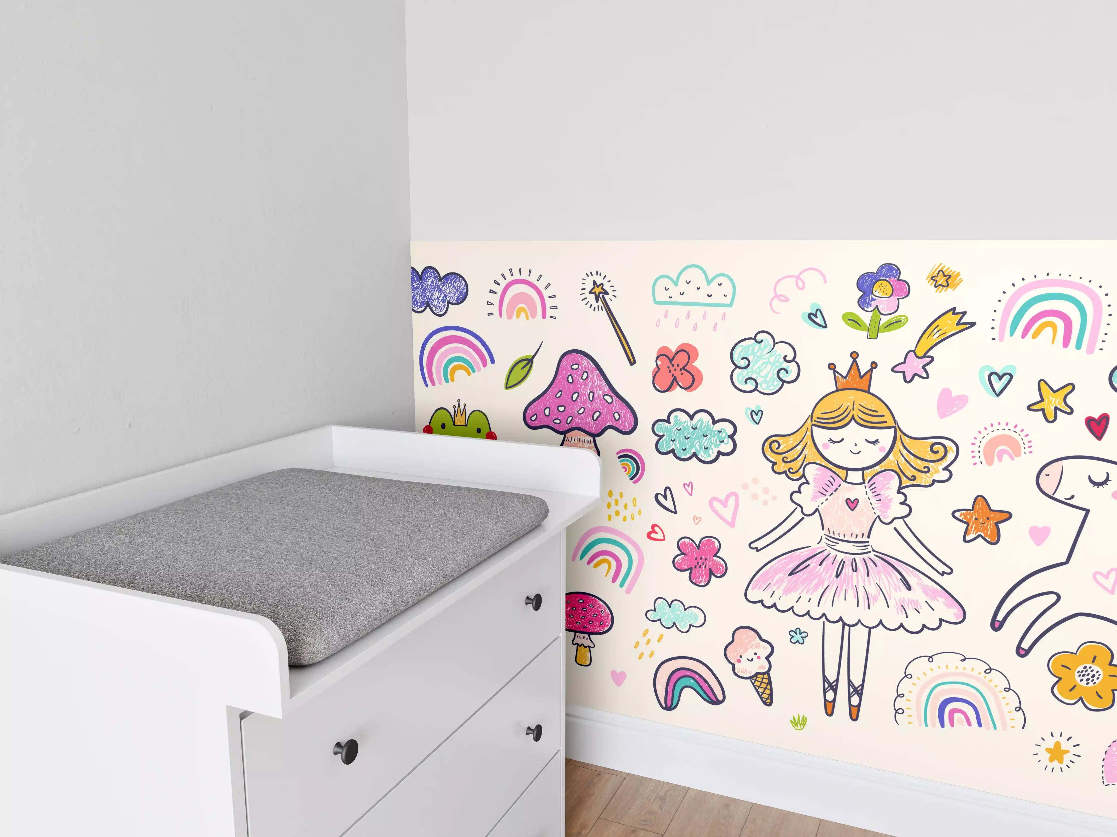 Babyzimmer Wandgestaltung - Bunte Fantasiewelt mit Einhörnern und Regenbögen
