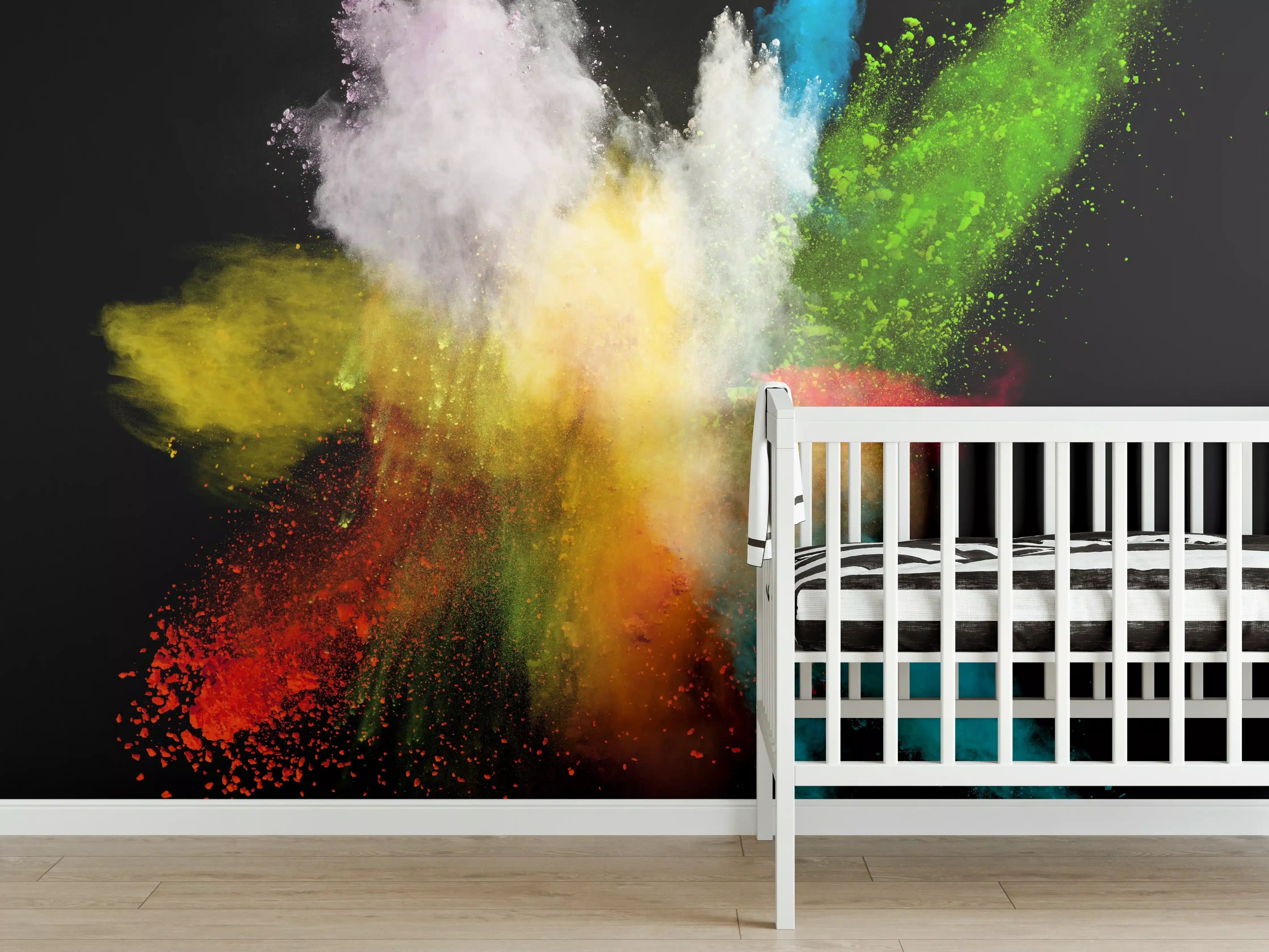 Babyzimmer Wandgestaltung - Bunte Farbexplosion auf schwarzem Hintergrund