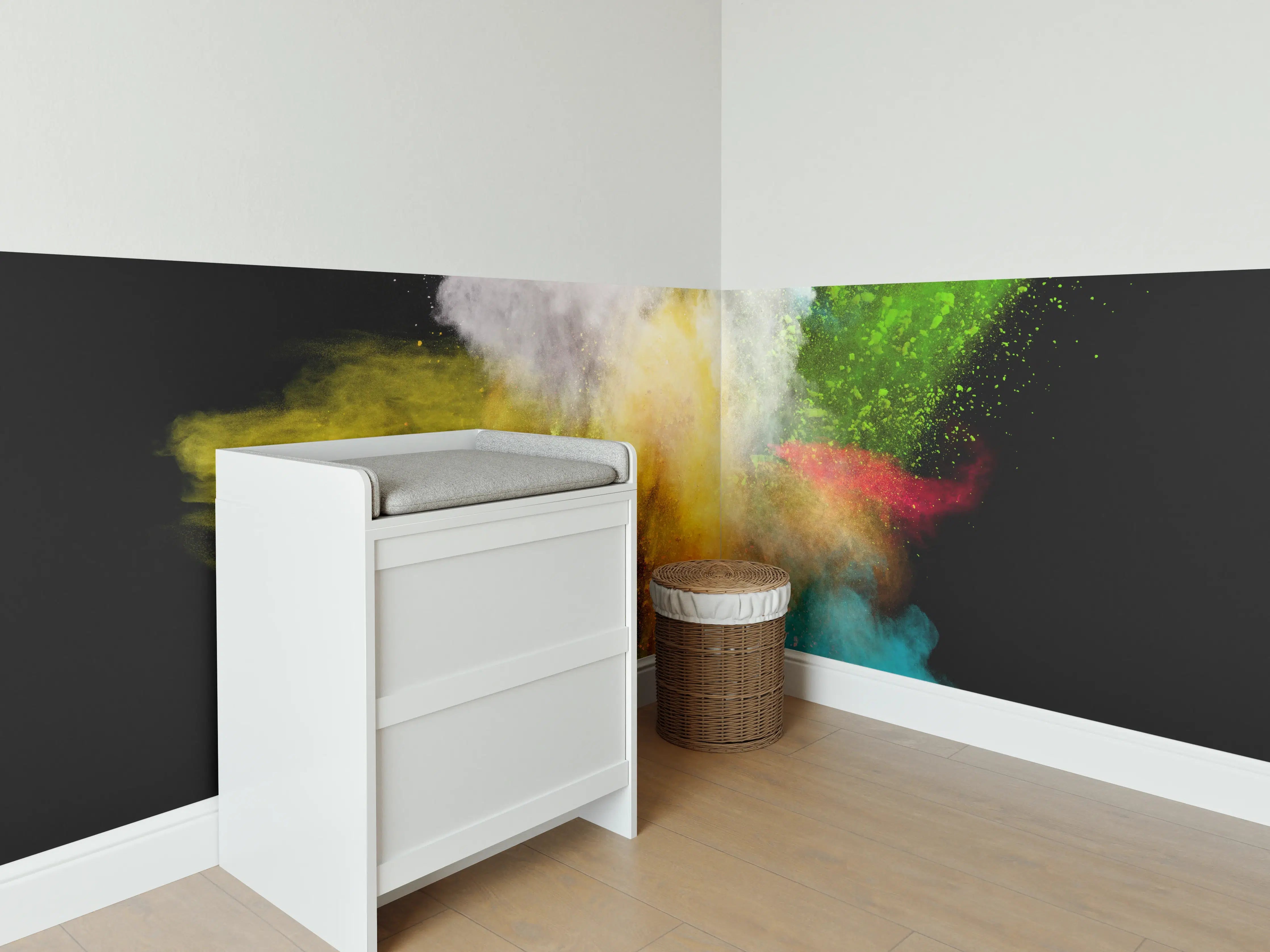 Babyzimmer Wandgestaltung - Bunte Farbexplosion auf schwarzem Hintergrund