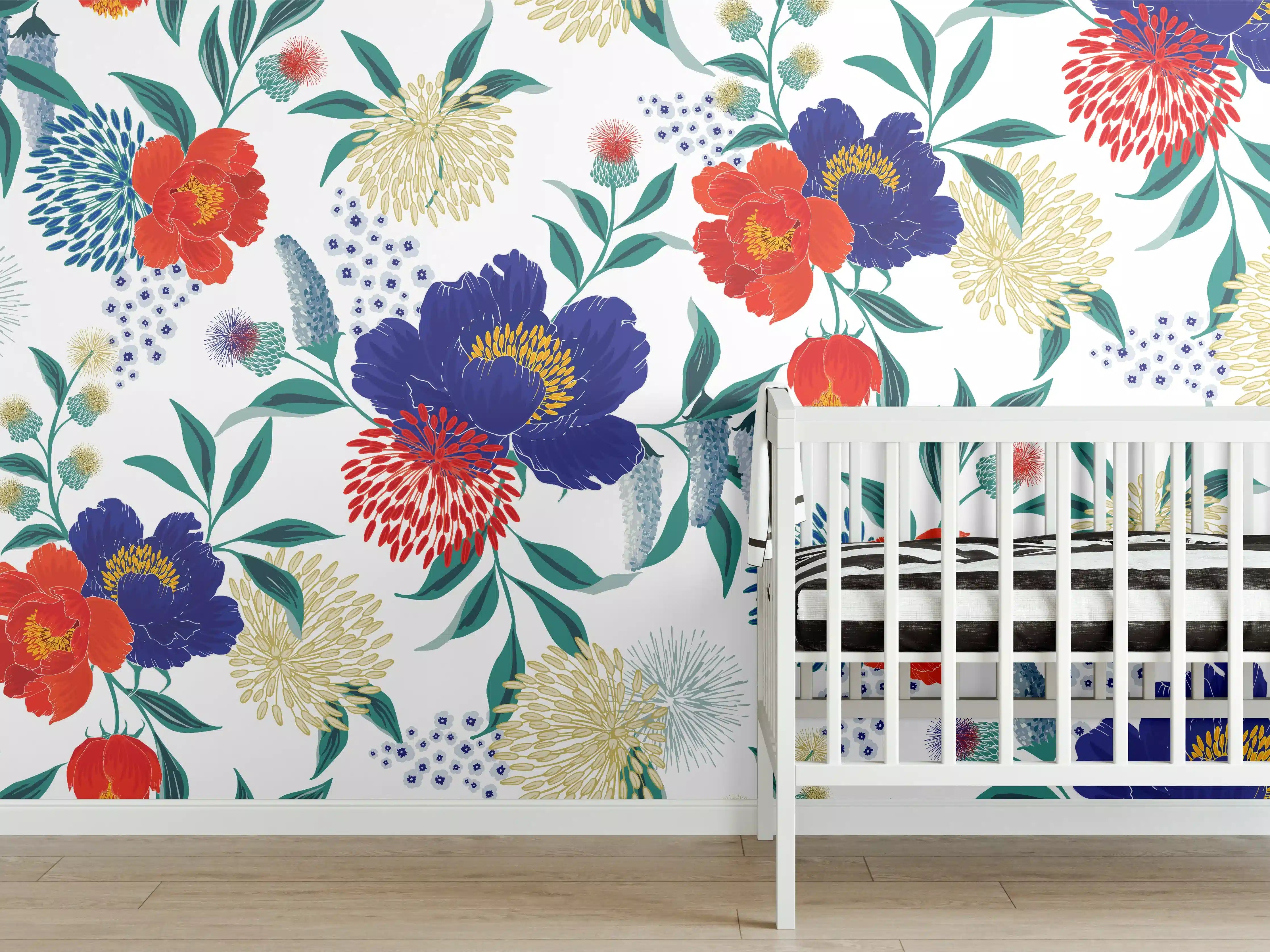 Babyzimmer Wandgestaltung - Bunte Florale Muster Tapete
