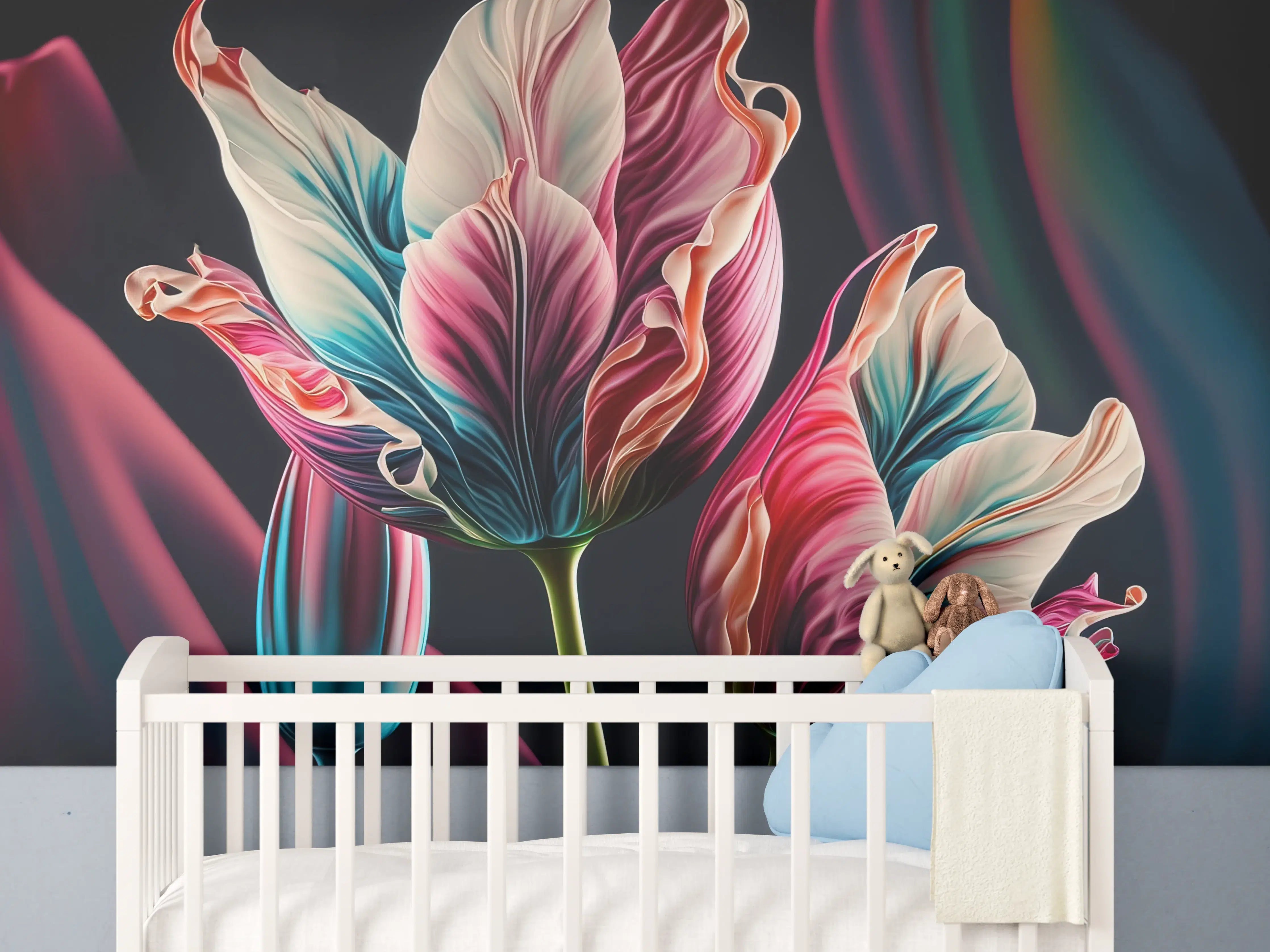 Babyzimmer Wandgestaltung - Bunte Fluid Kunst Tulpen