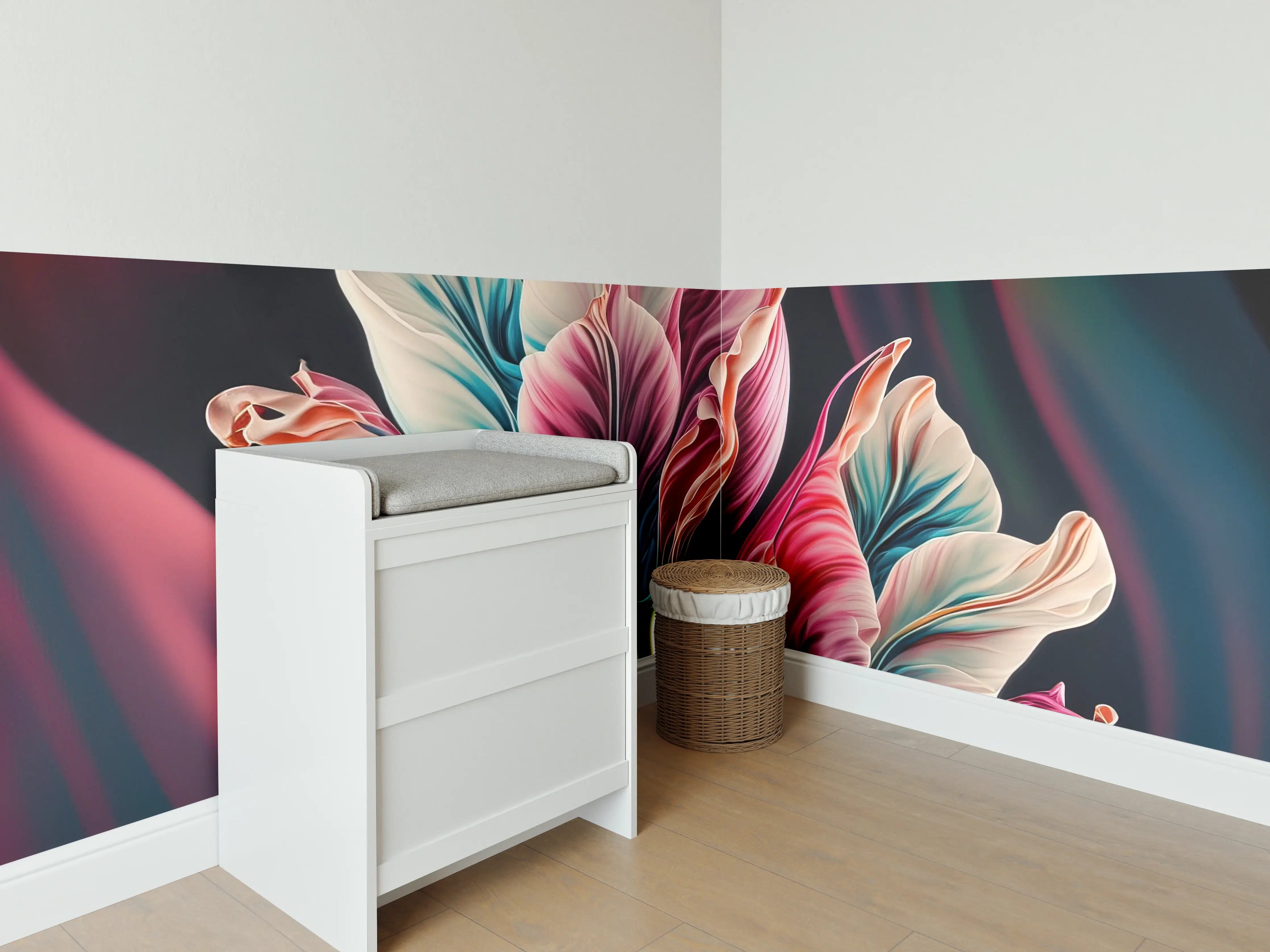Babyzimmer Wandgestaltung - Bunte Fluid Kunst Tulpen