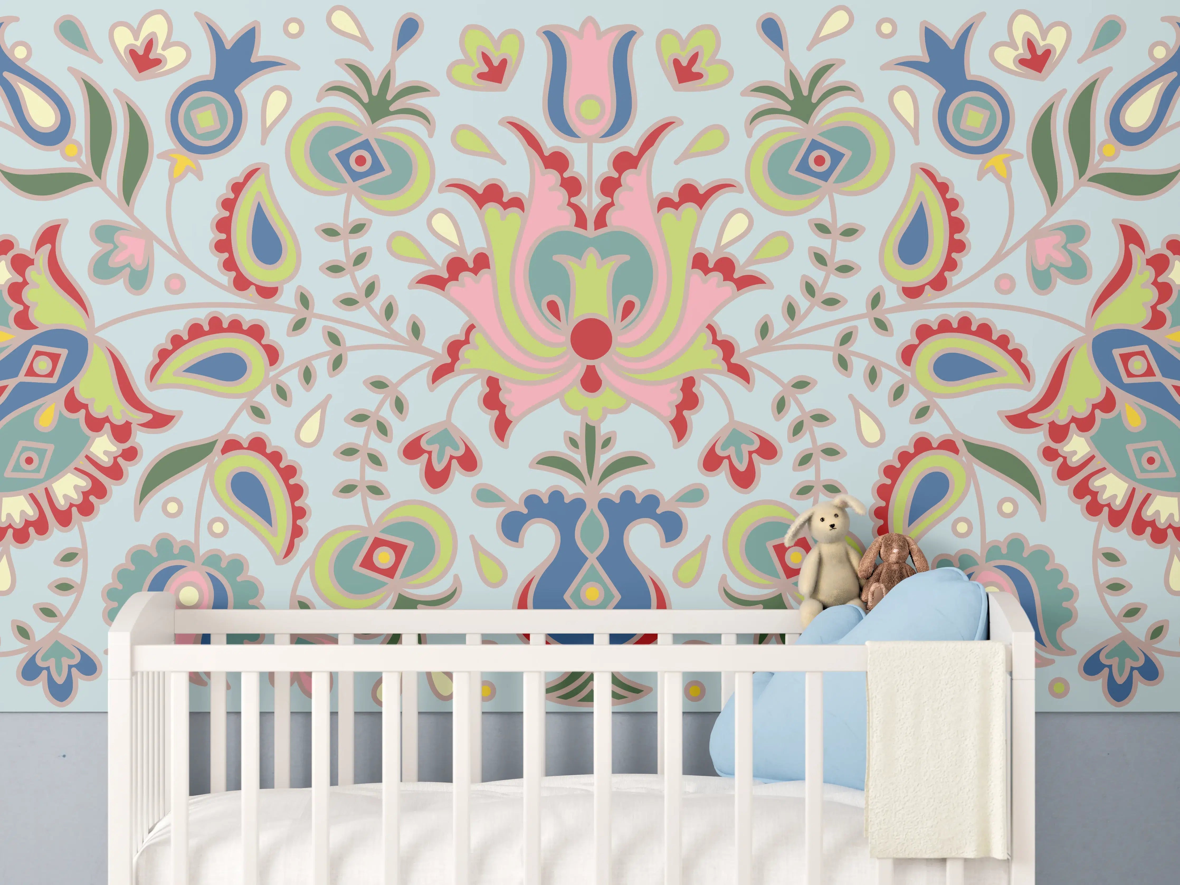 Babyzimmer Wandgestaltung - Bunte Folklore-Muster Textilprint