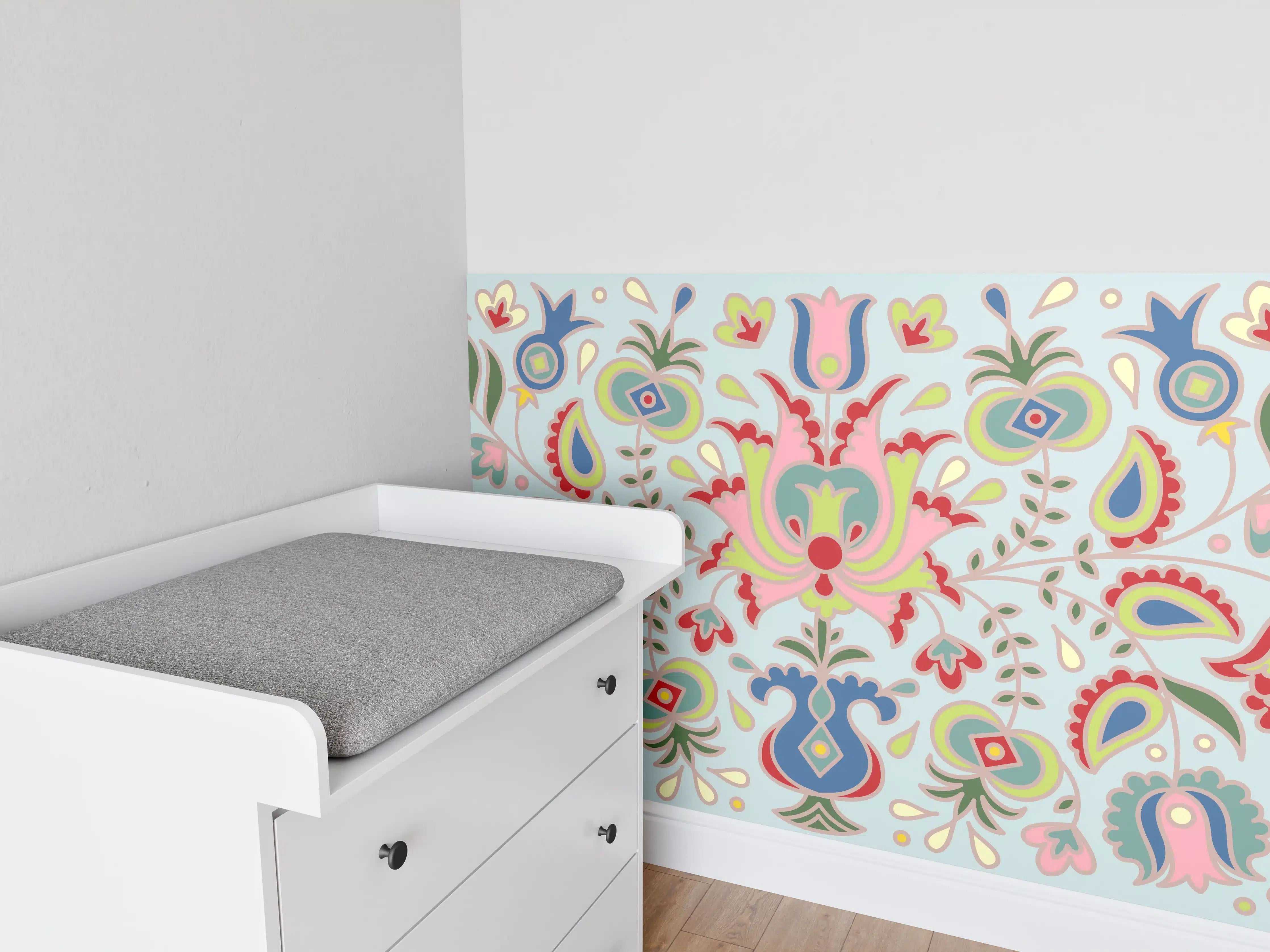 Babyzimmer Wandgestaltung - Bunte Folklore-Muster Textilprint