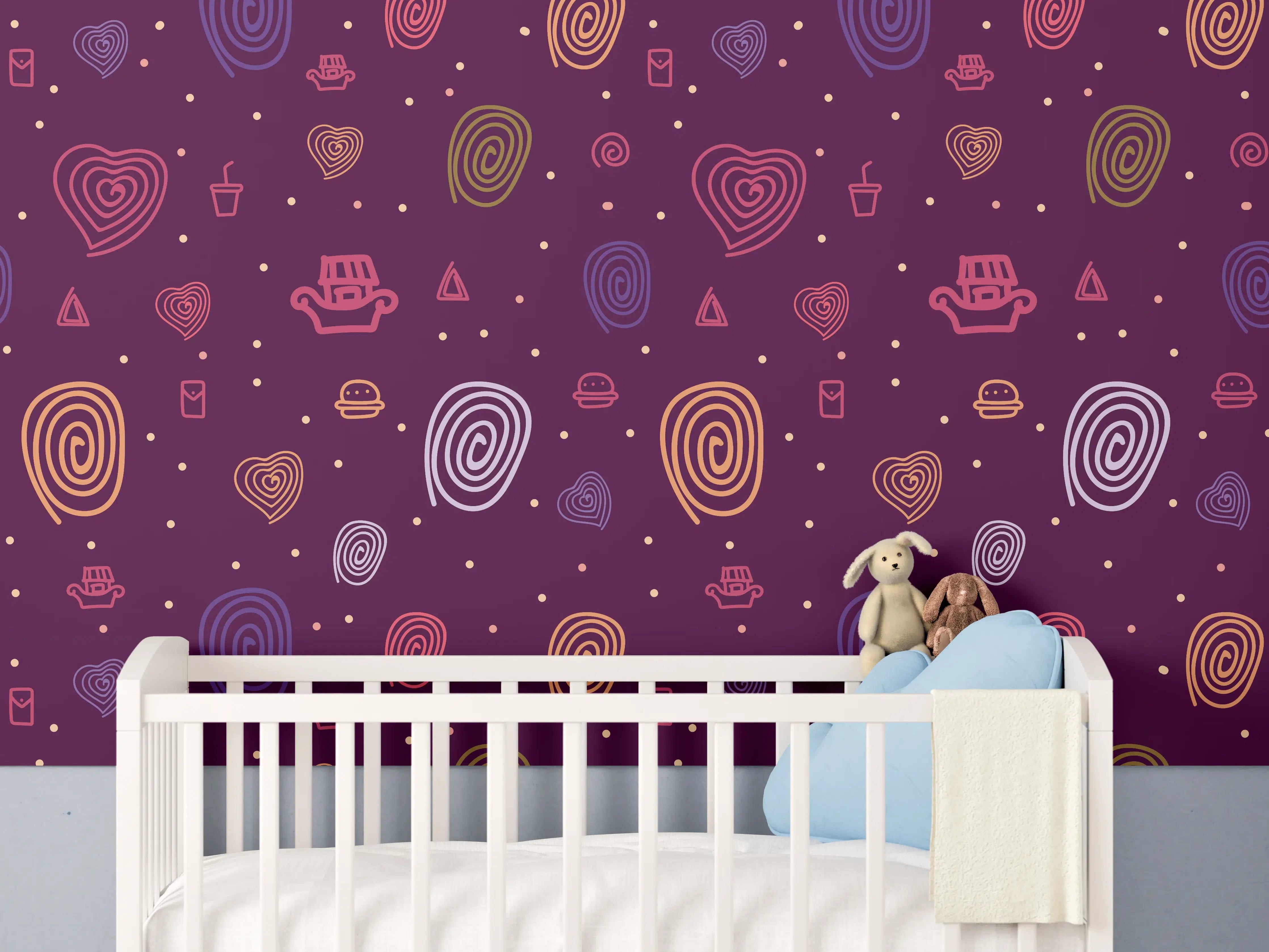 Babyzimmer Wandgestaltung - Bunte Herzmuster im Weltraum-Design