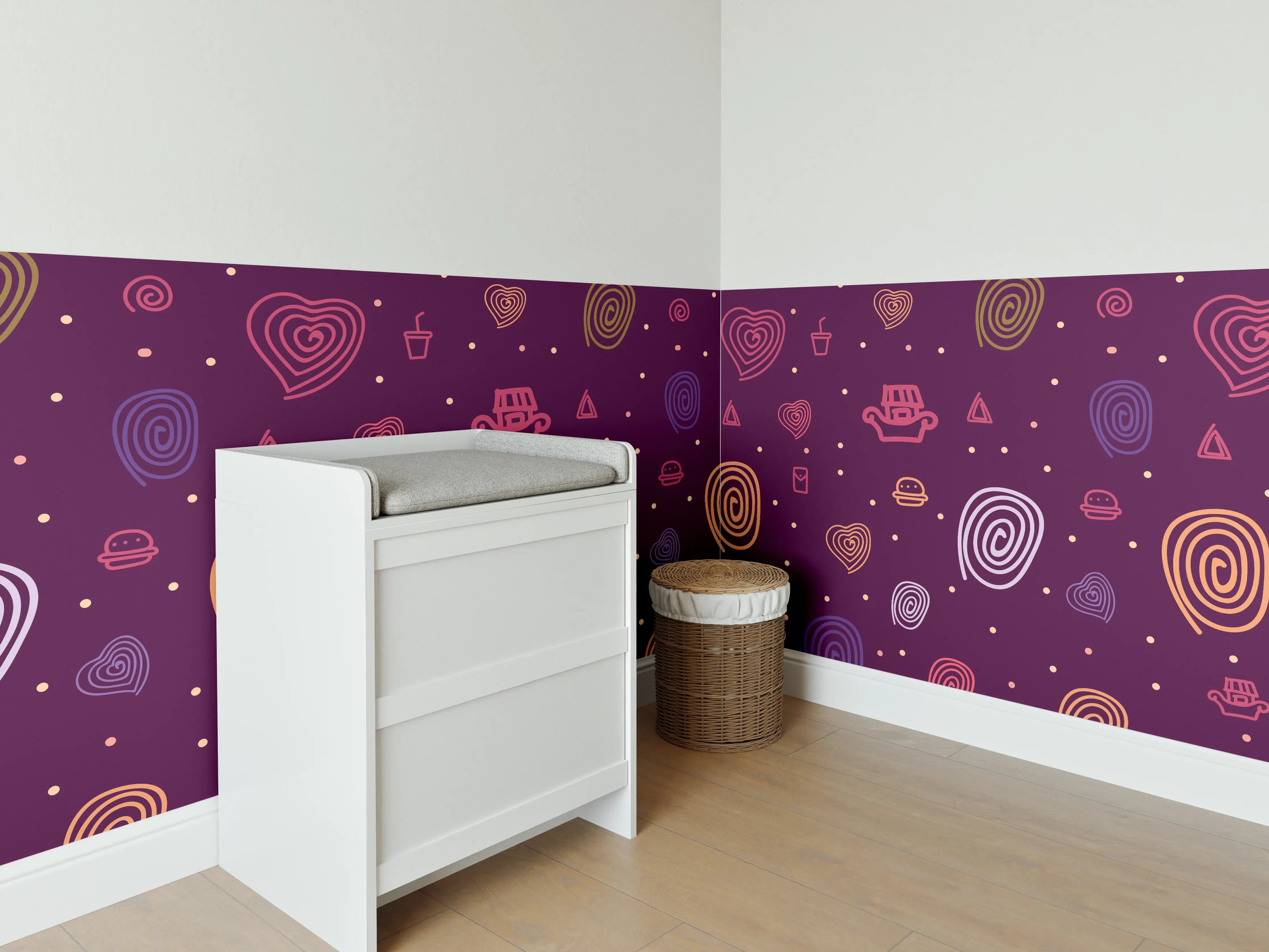 Babyzimmer Wandgestaltung - Bunte Herzmuster im Weltraum-Design