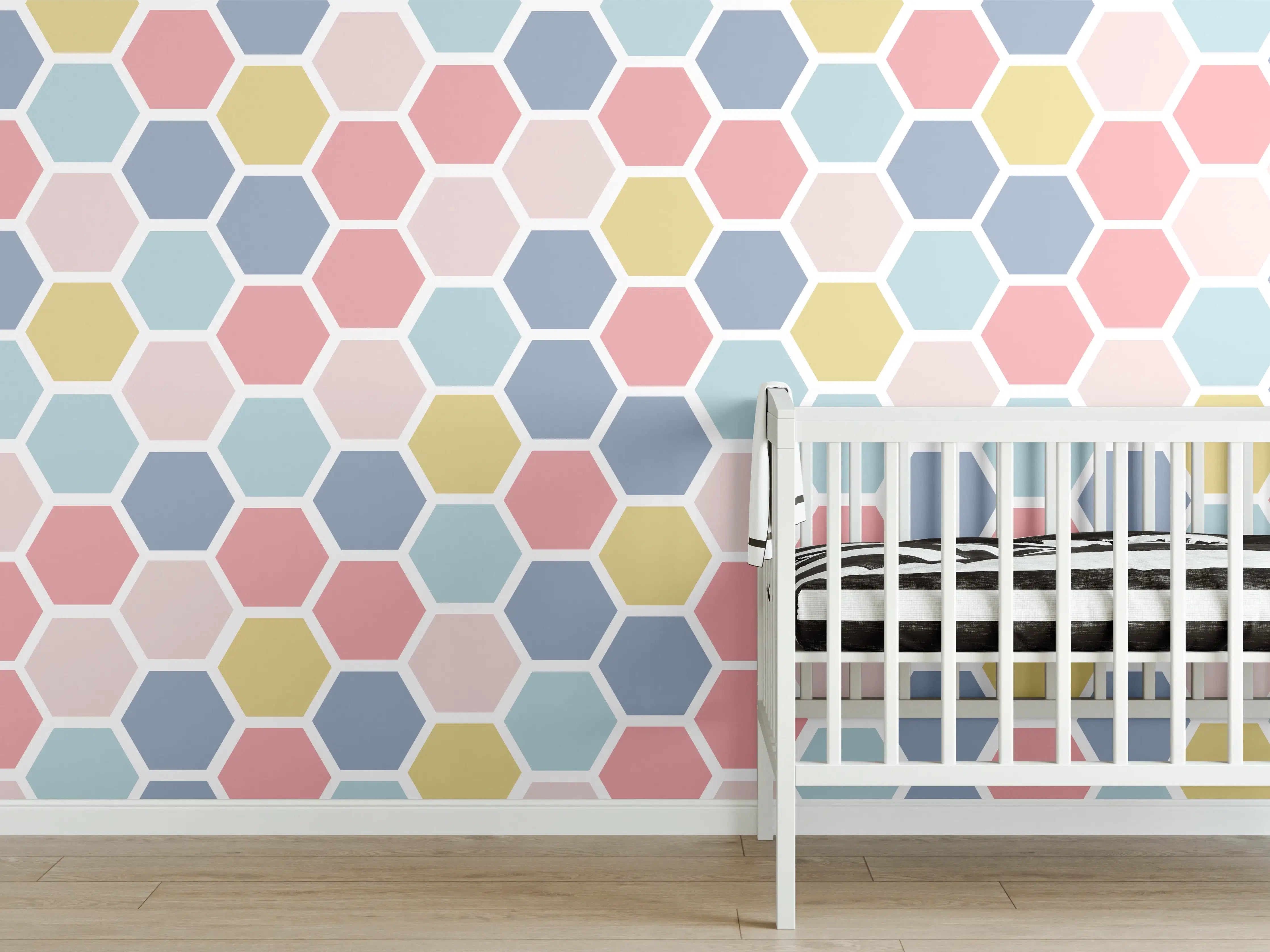 Babyzimmer Wandgestaltung - Bunte Hexagon-Muster Tapete