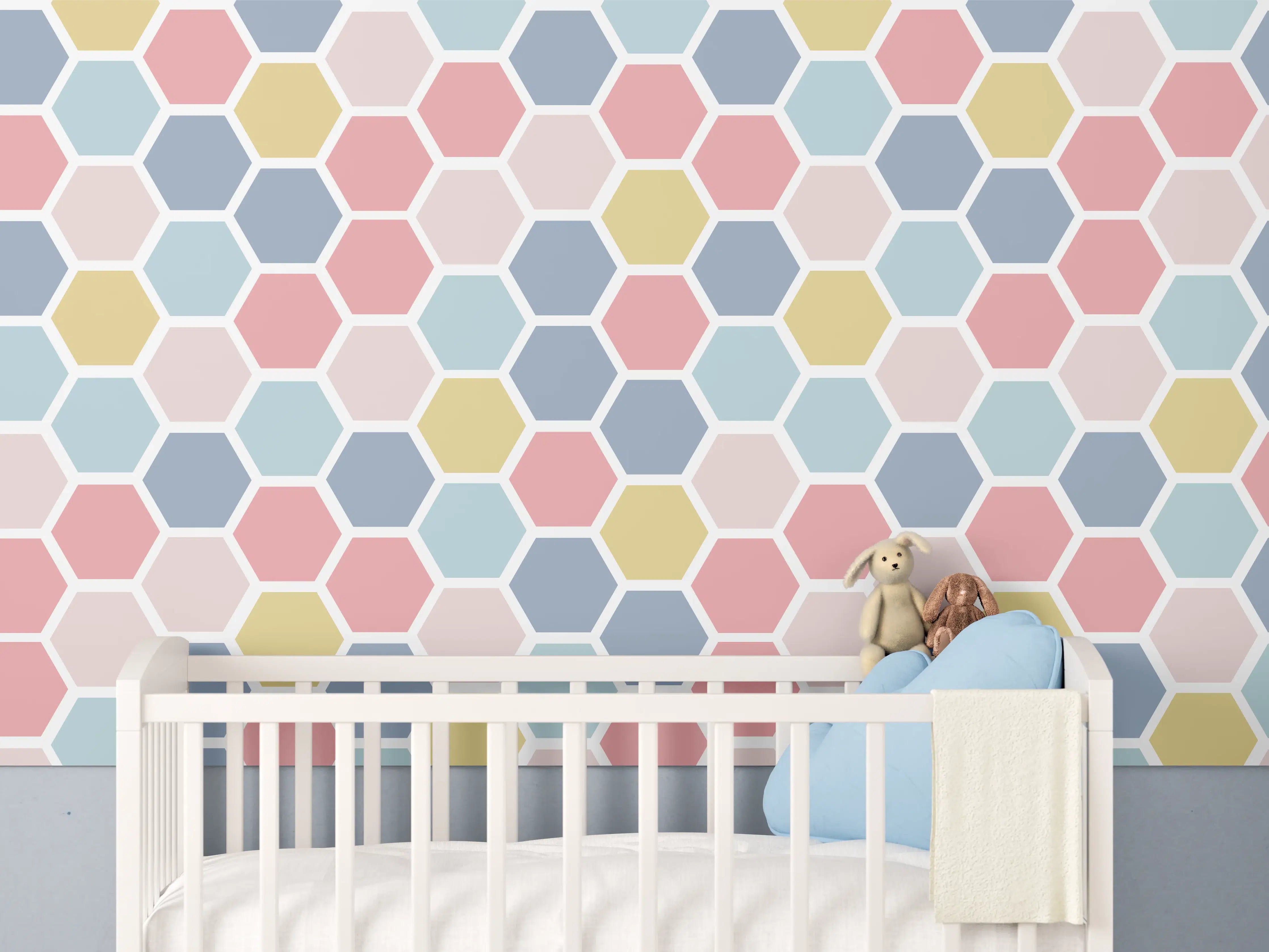 Babyzimmer Wandgestaltung - Bunte Hexagon-Muster Tapete