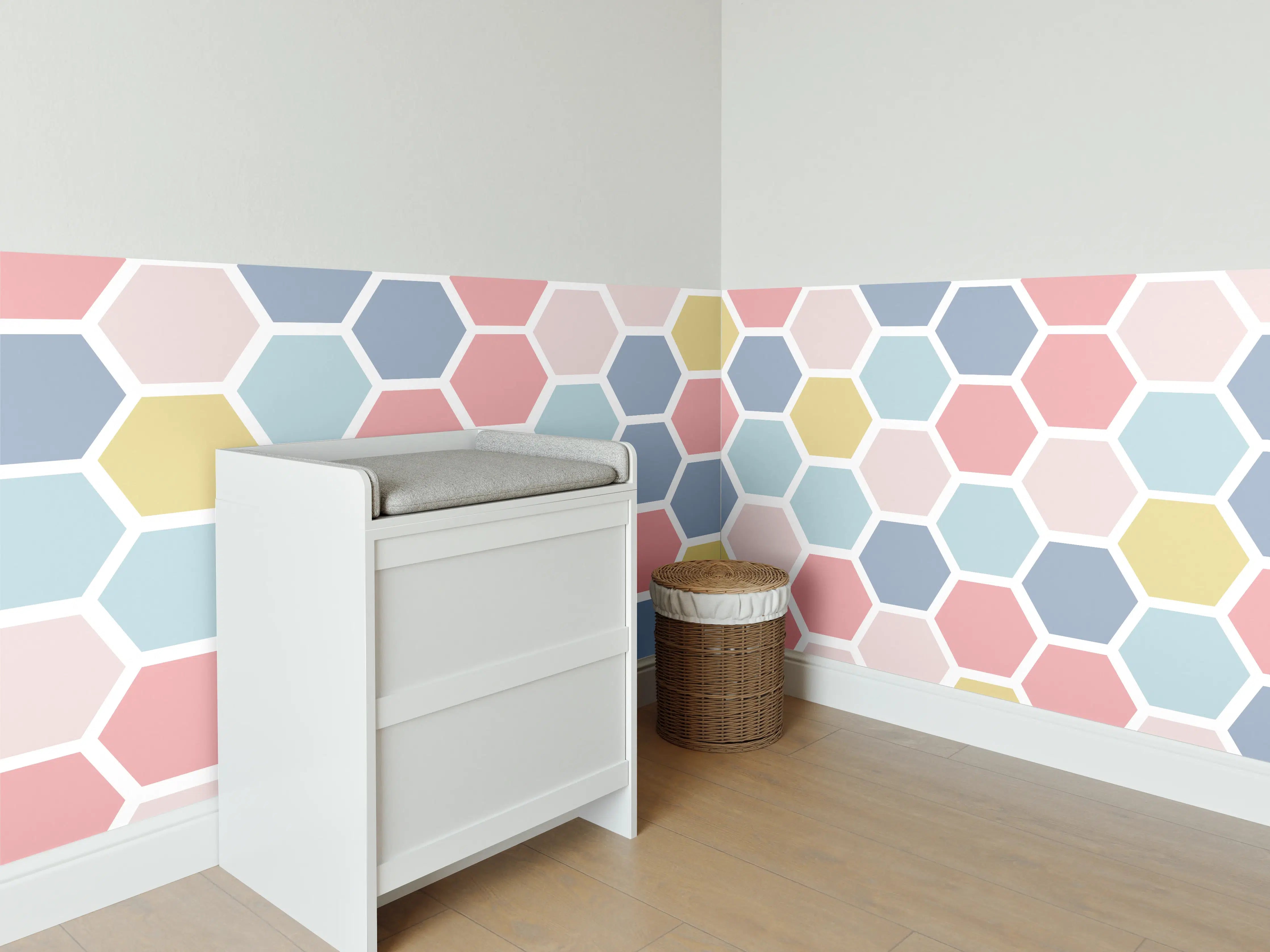 Babyzimmer Wandgestaltung - Bunte Hexagon-Muster Tapete