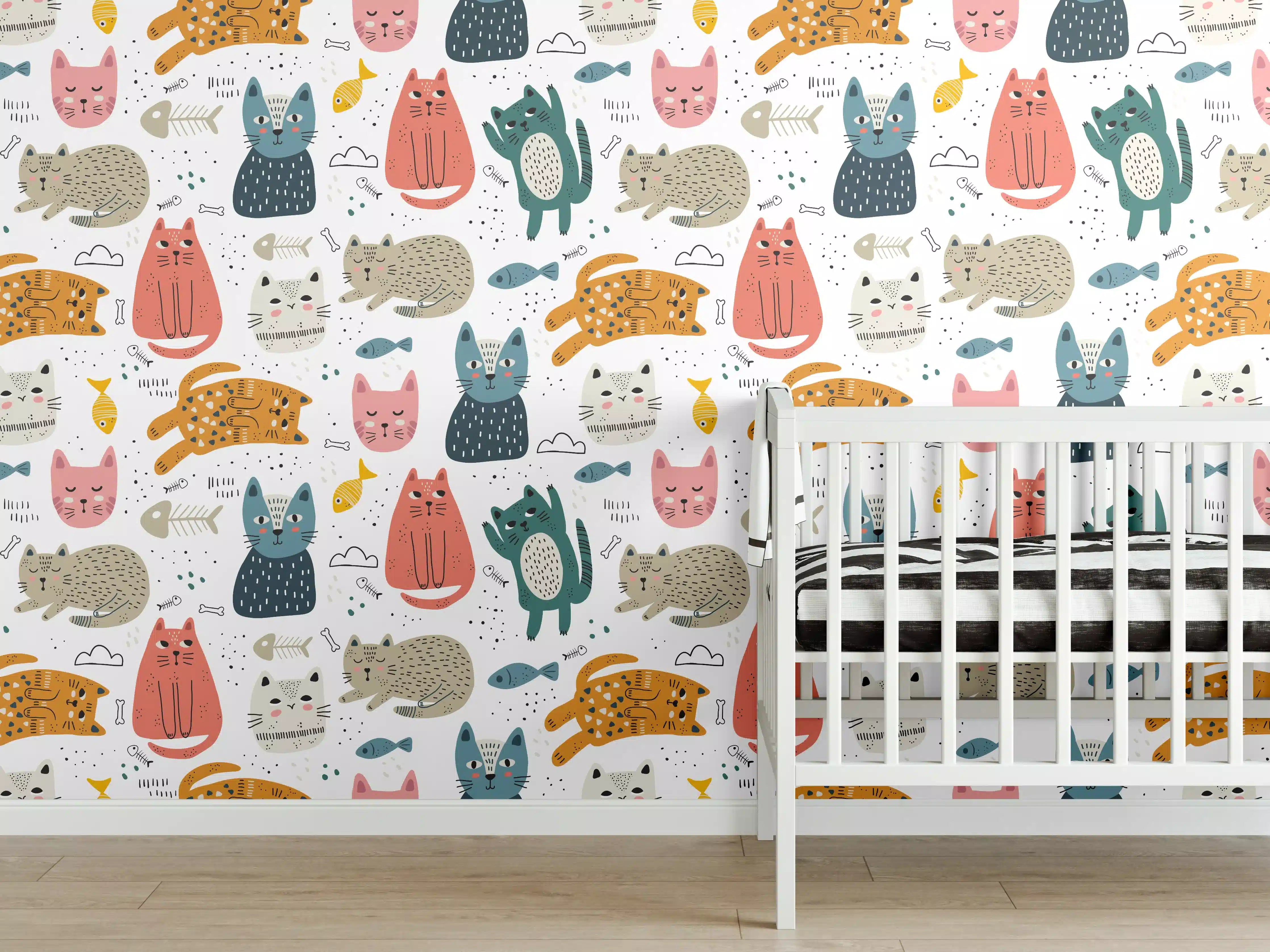 Babyzimmer Wandgestaltung - Bunte Katzenwelt mit verspieltem Muster