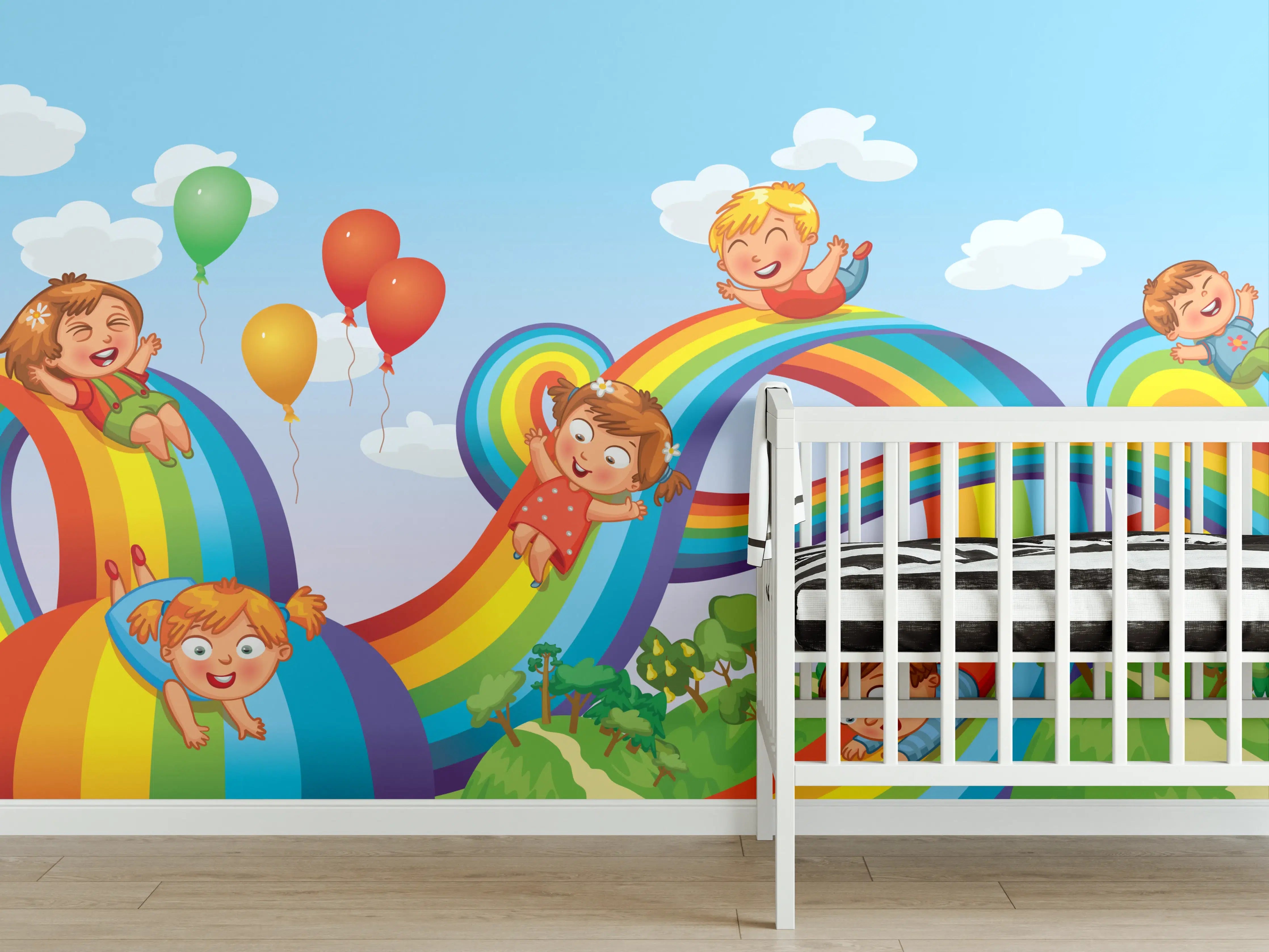 Babyzimmer Wandgestaltung - Bunte Kinderparadies-Illustration mit Regenbögen