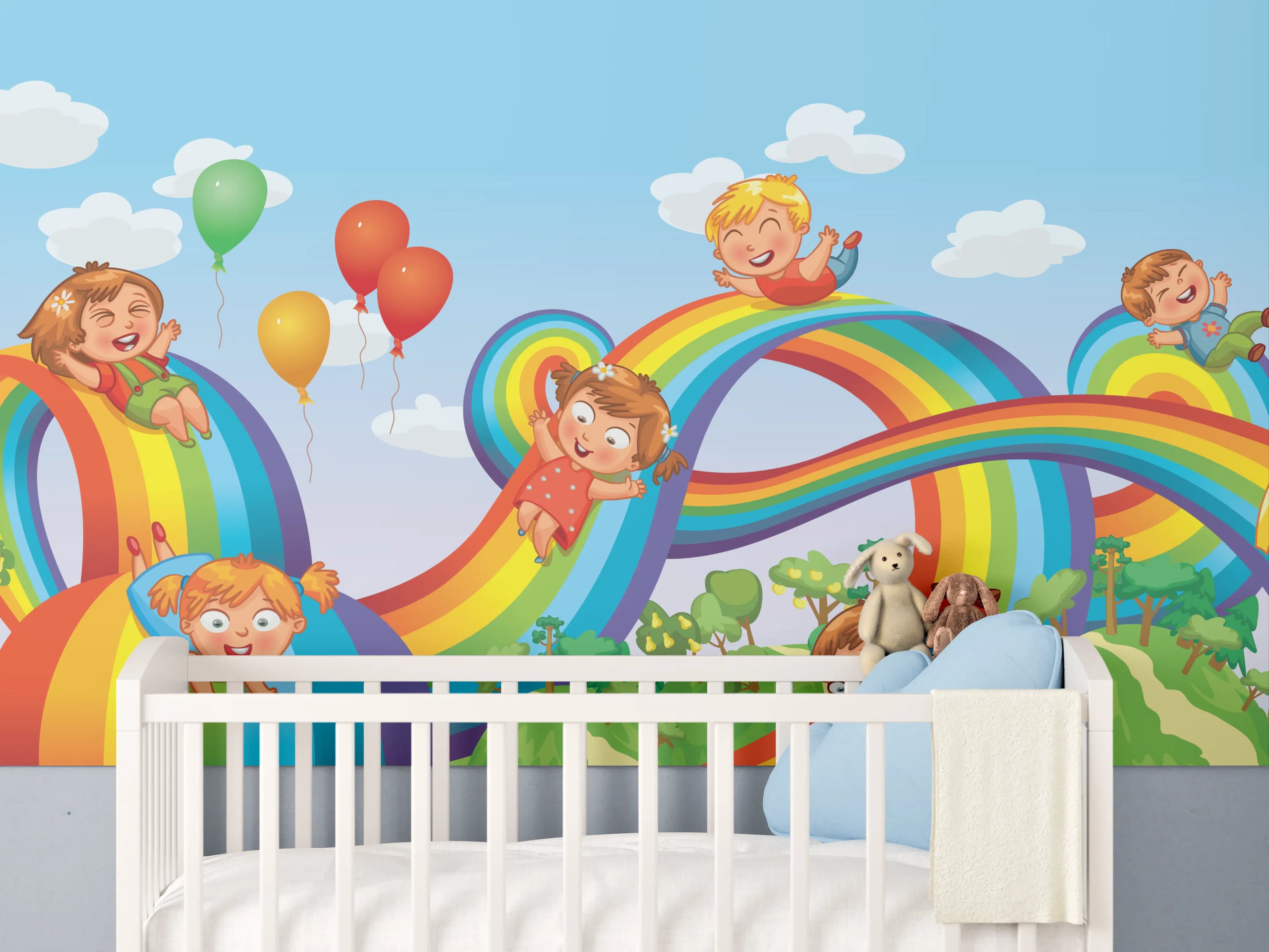 Babyzimmer Wandgestaltung - Bunte Kinderparadies-Illustration mit Regenbögen
