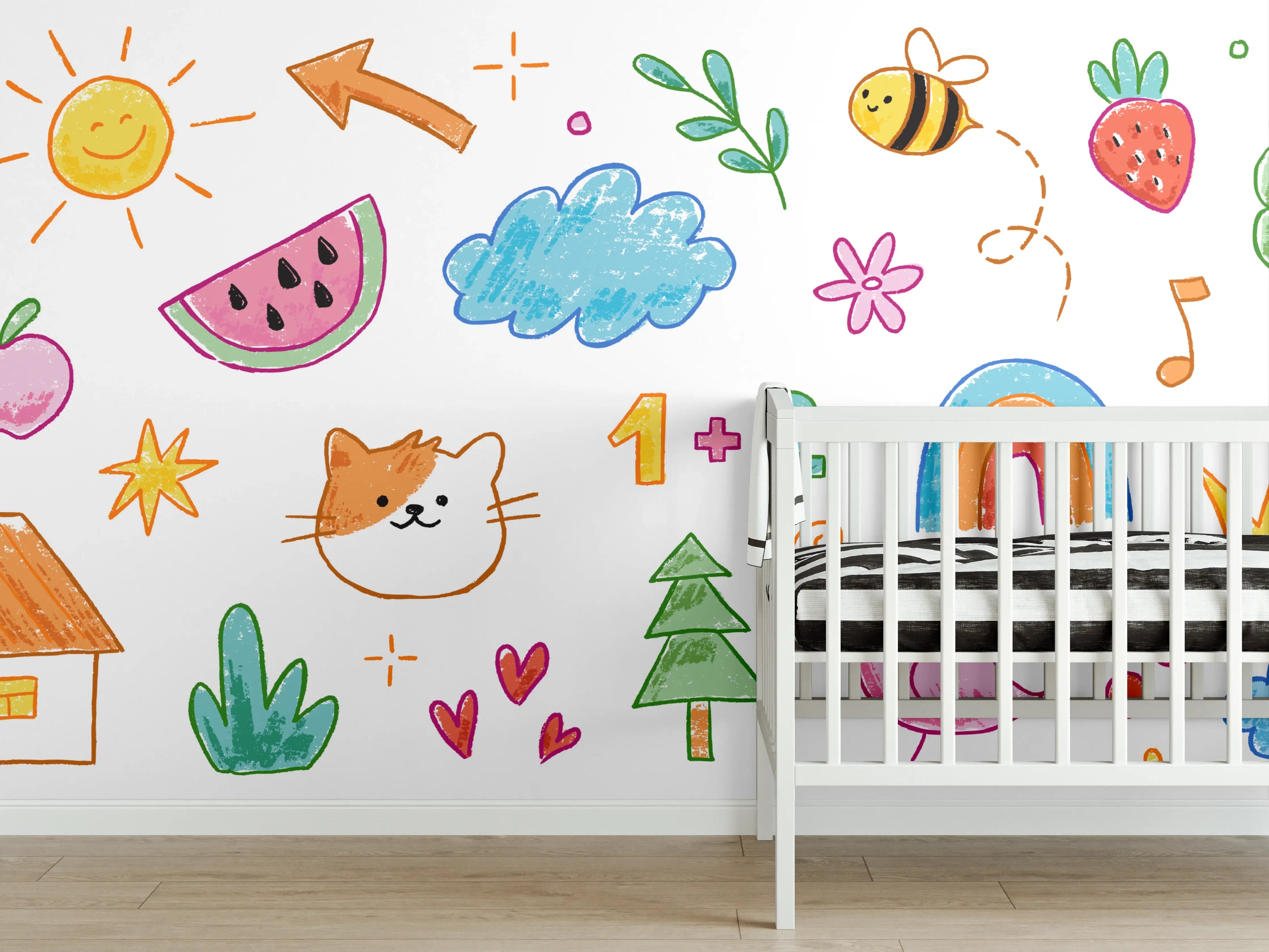 Babyzimmer Wandgestaltung - Bunte Kinderzeichnung mit Naturmotiven