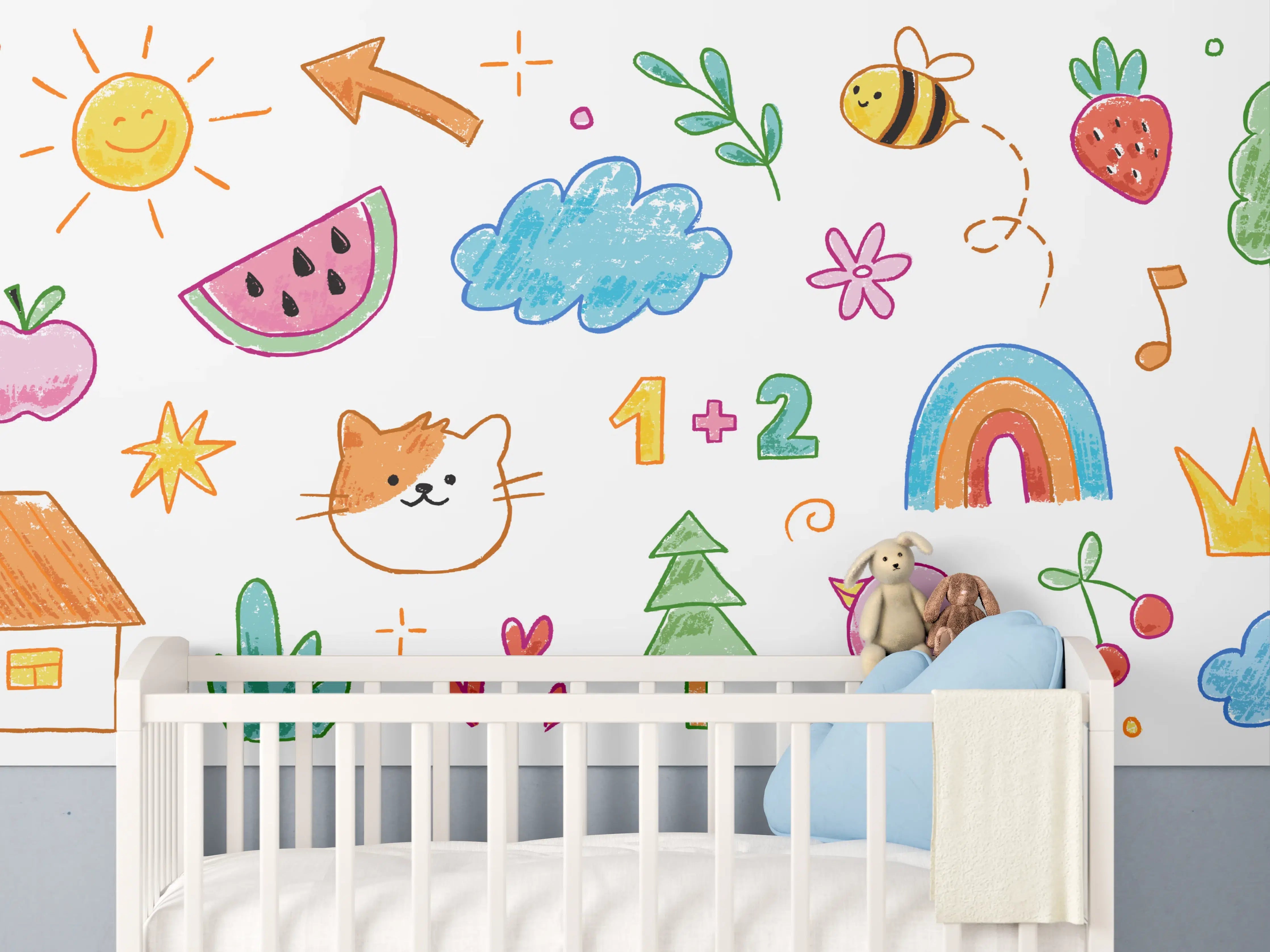 Babyzimmer Wandgestaltung - Bunte Kinderzeichnung mit Naturmotiven