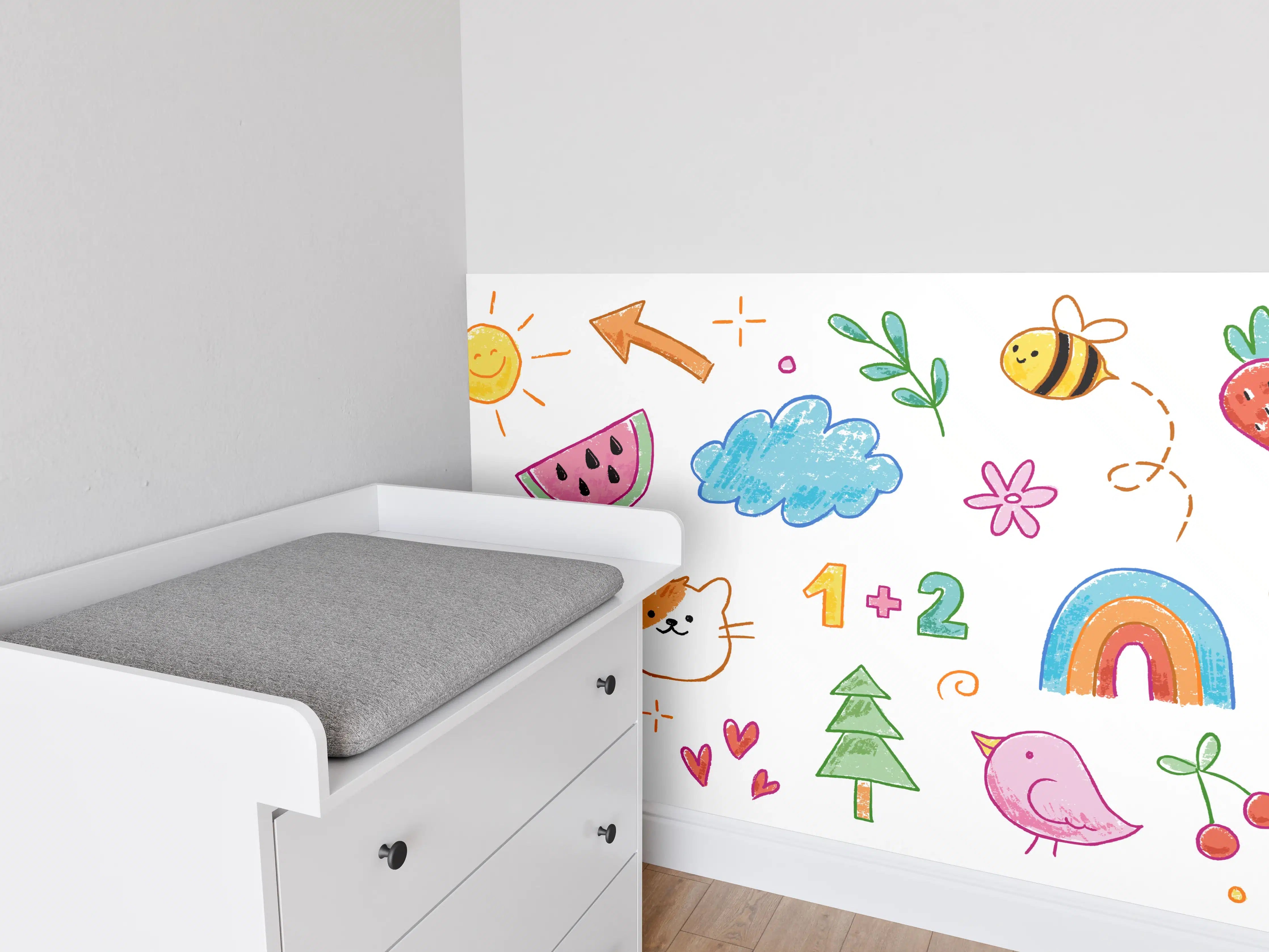 Babyzimmer Wandgestaltung - Bunte Kinderzeichnung mit Naturmotiven