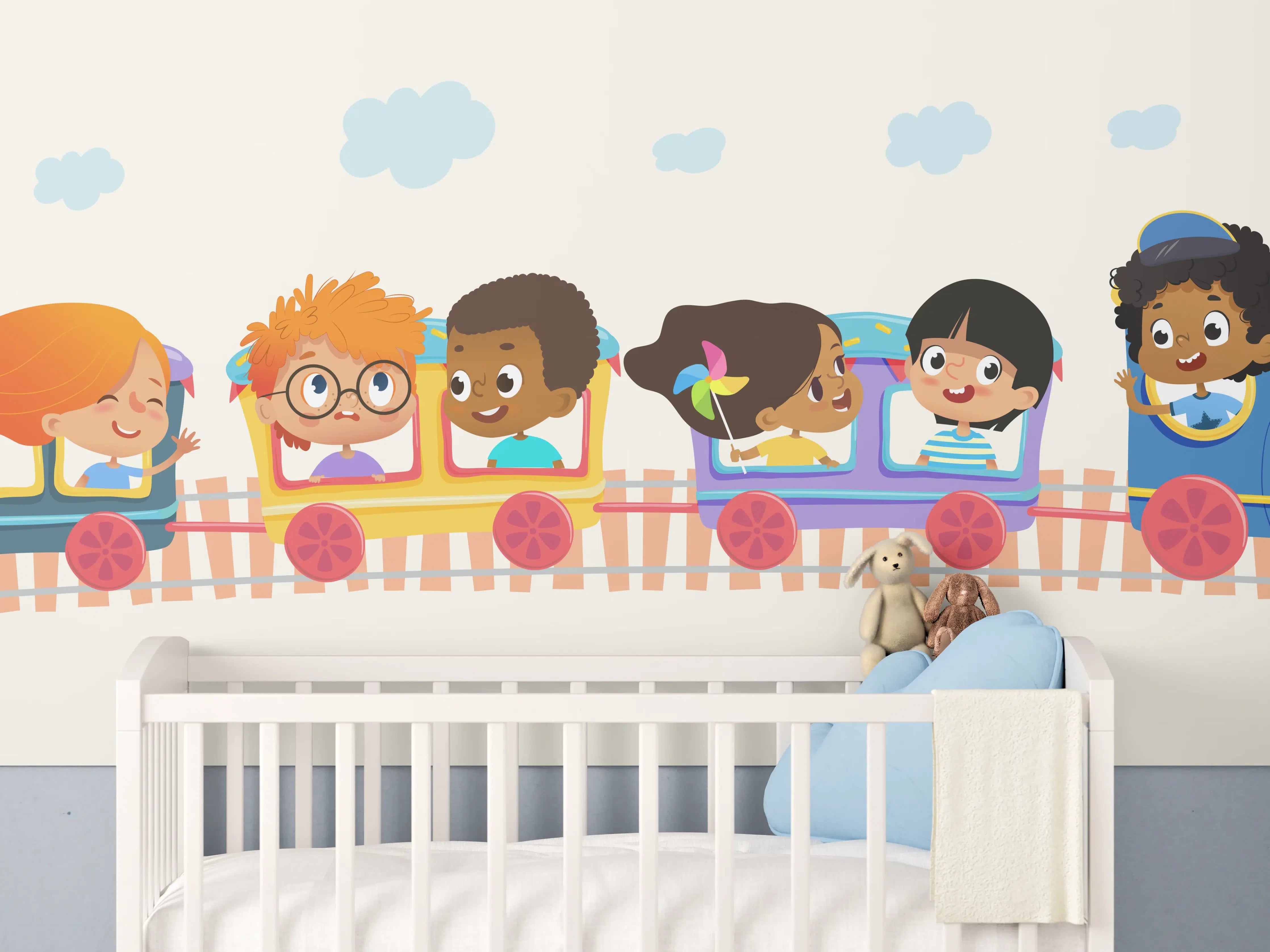 Babyzimmer Wandgestaltung - Bunte Kinderzug mit lachenden Kindern