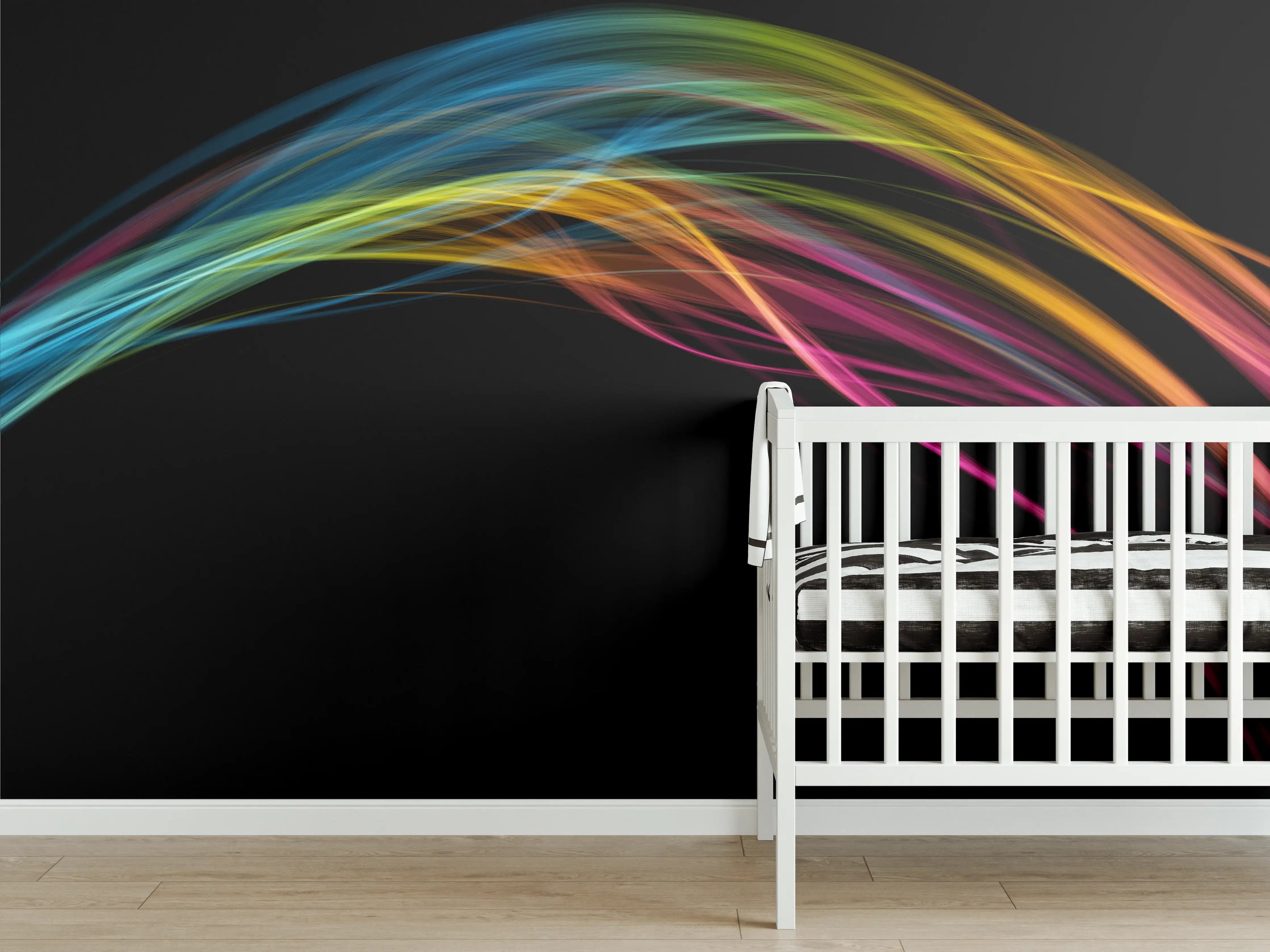Babyzimmer Wandgestaltung - Bunte Lichtwellen auf schwarzem Hintergrund