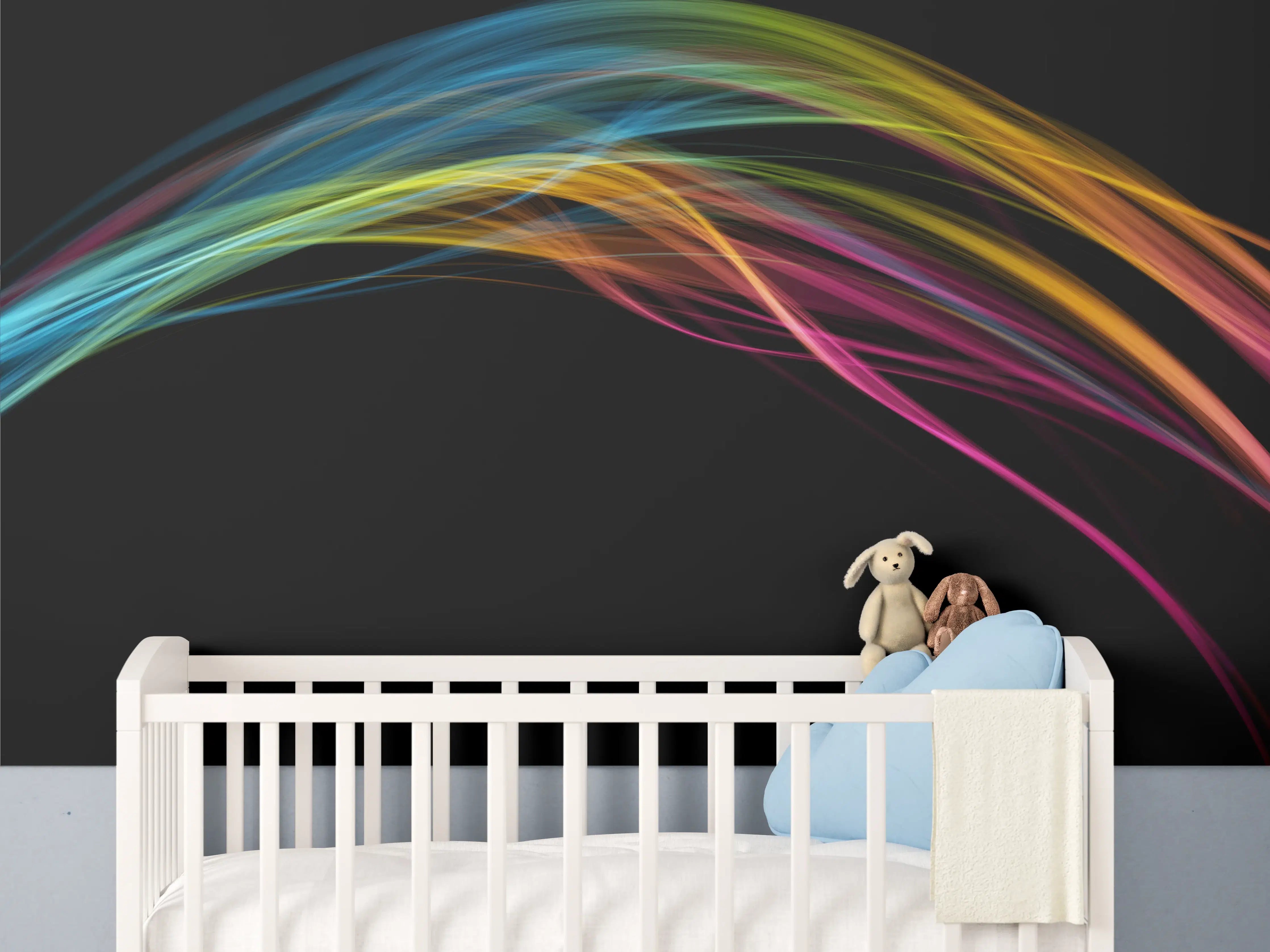 Babyzimmer Wandgestaltung - Bunte Lichtwellen auf schwarzem Hintergrund