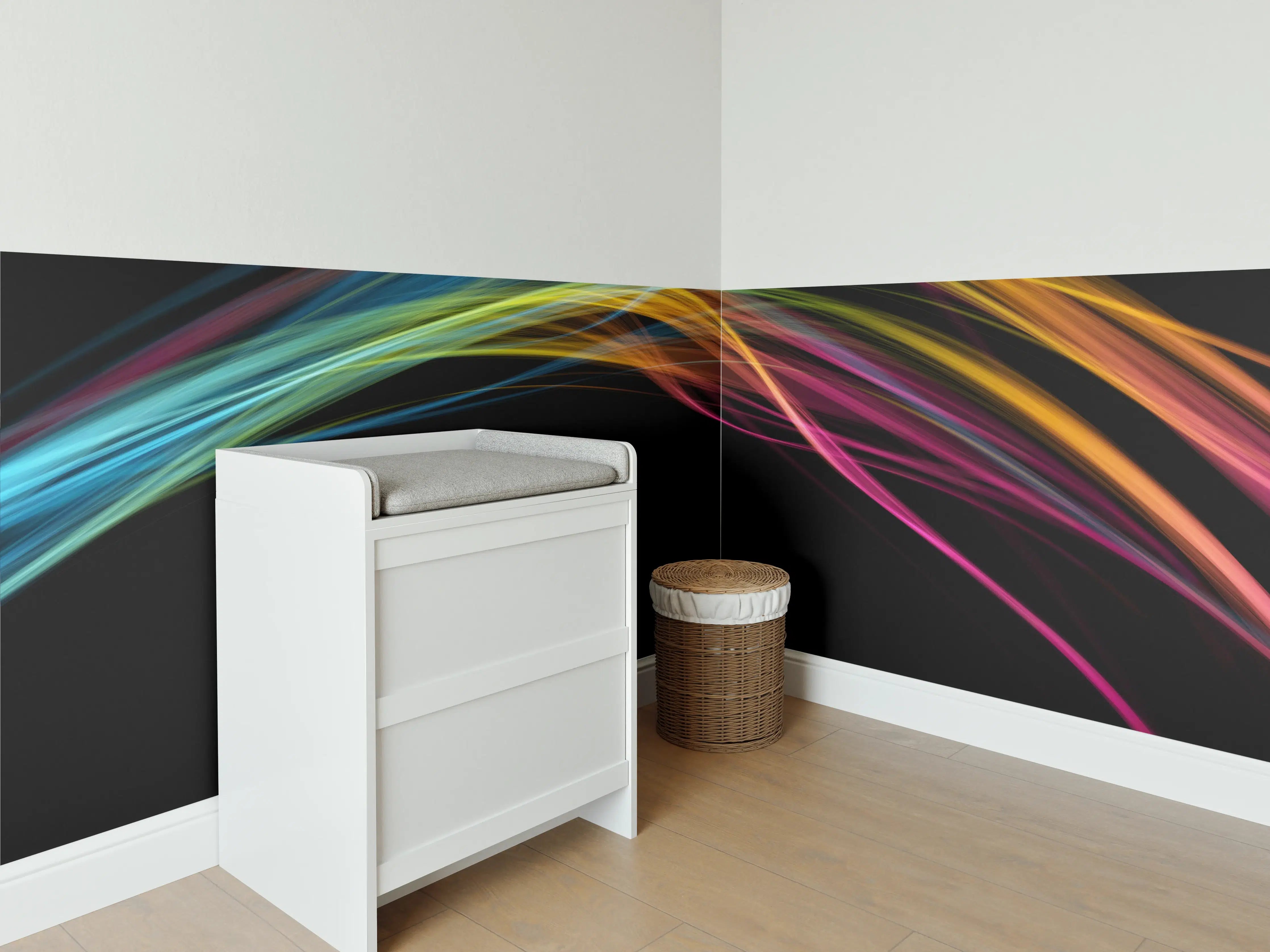 Babyzimmer Wandgestaltung - Bunte Lichtwellen auf schwarzem Hintergrund