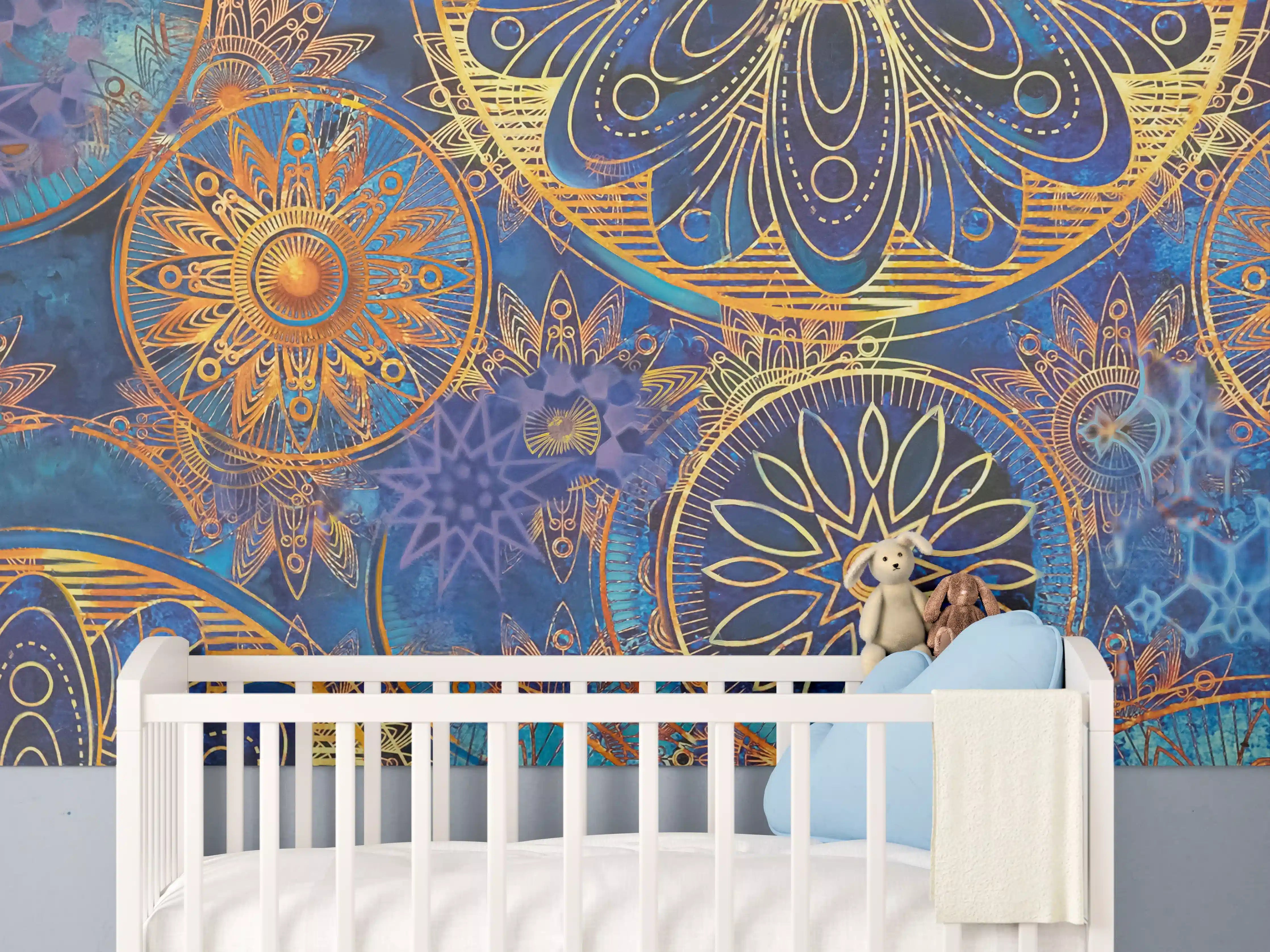 Babyzimmer Wandgestaltung - Bunte Mandala-Designs mit goldenen Akzenten