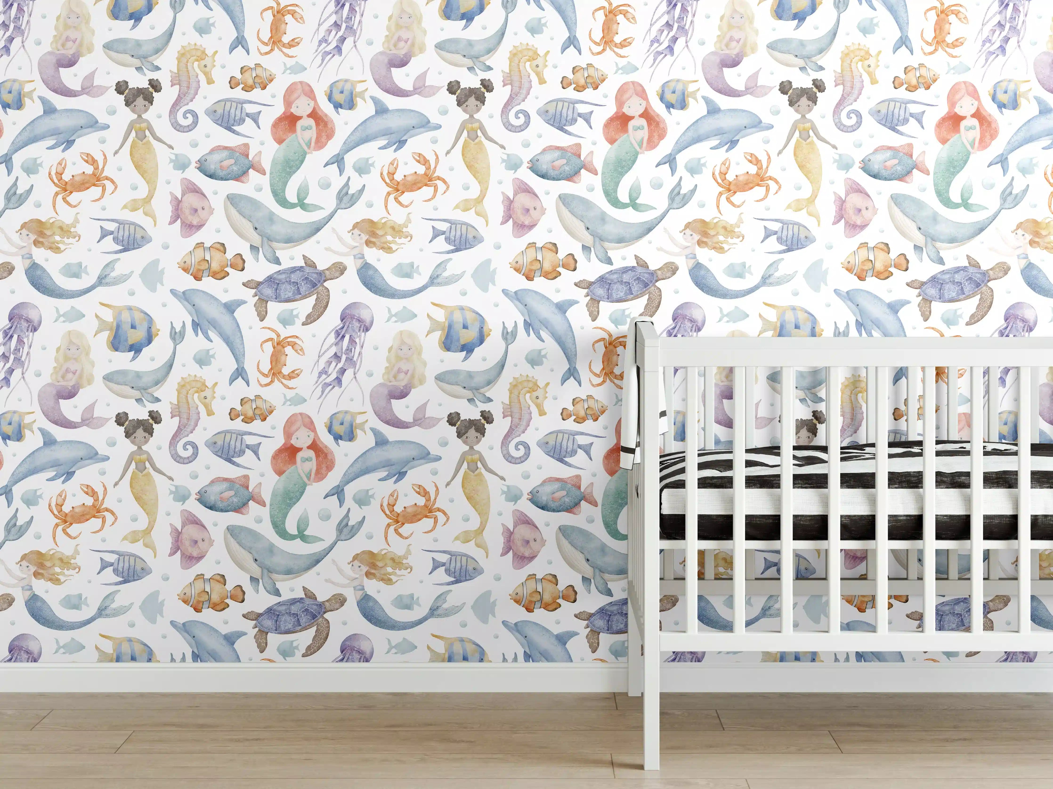 Babyzimmer Wandgestaltung - Bunte Meereswelt mit Fischen und Meerestieren