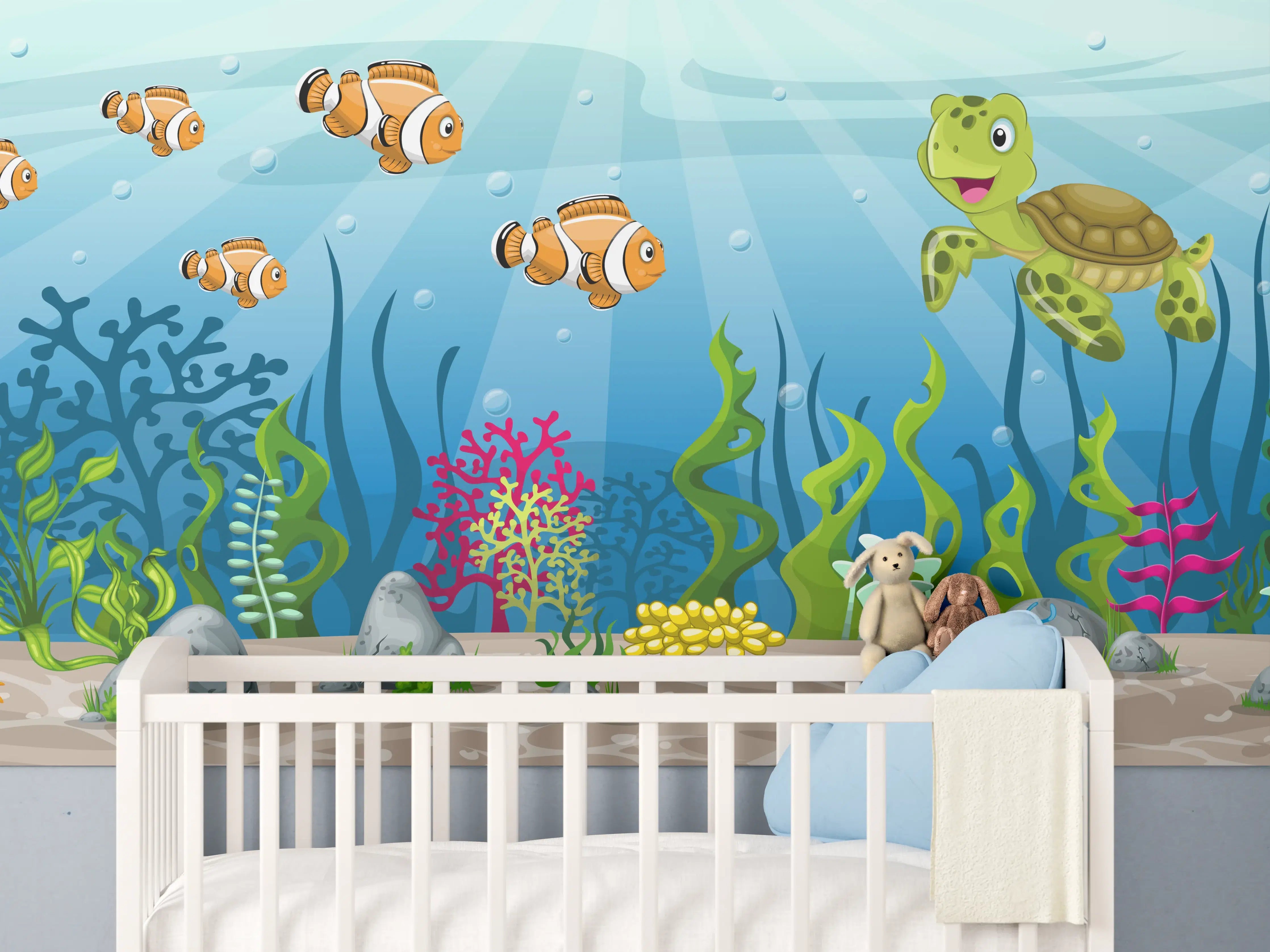 Babyzimmer Wandgestaltung - Bunte Meereswelt mit Fischen und Schildkröte